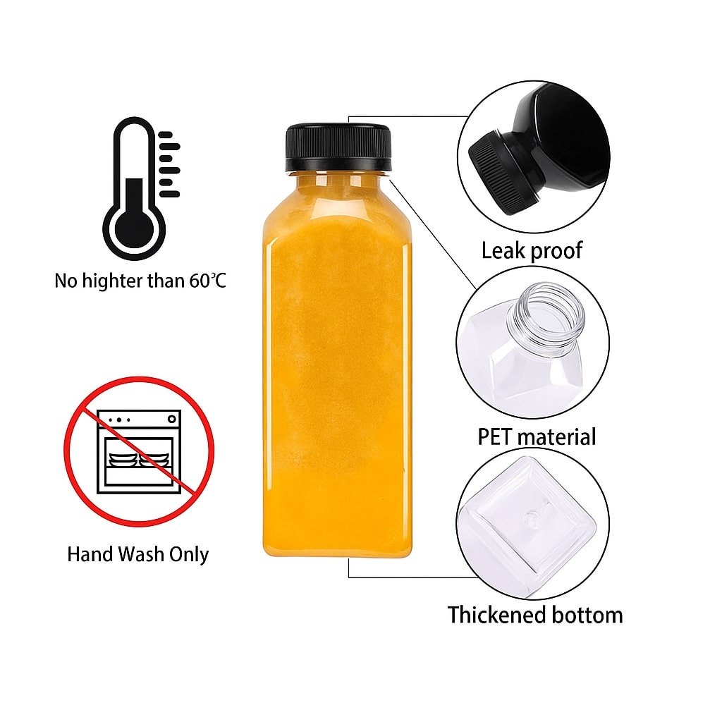 200ML 250ML 300ML 350ML Square Plastic Transparent Disposable Bottle with Black Cap (Pack Of 10 Unit)