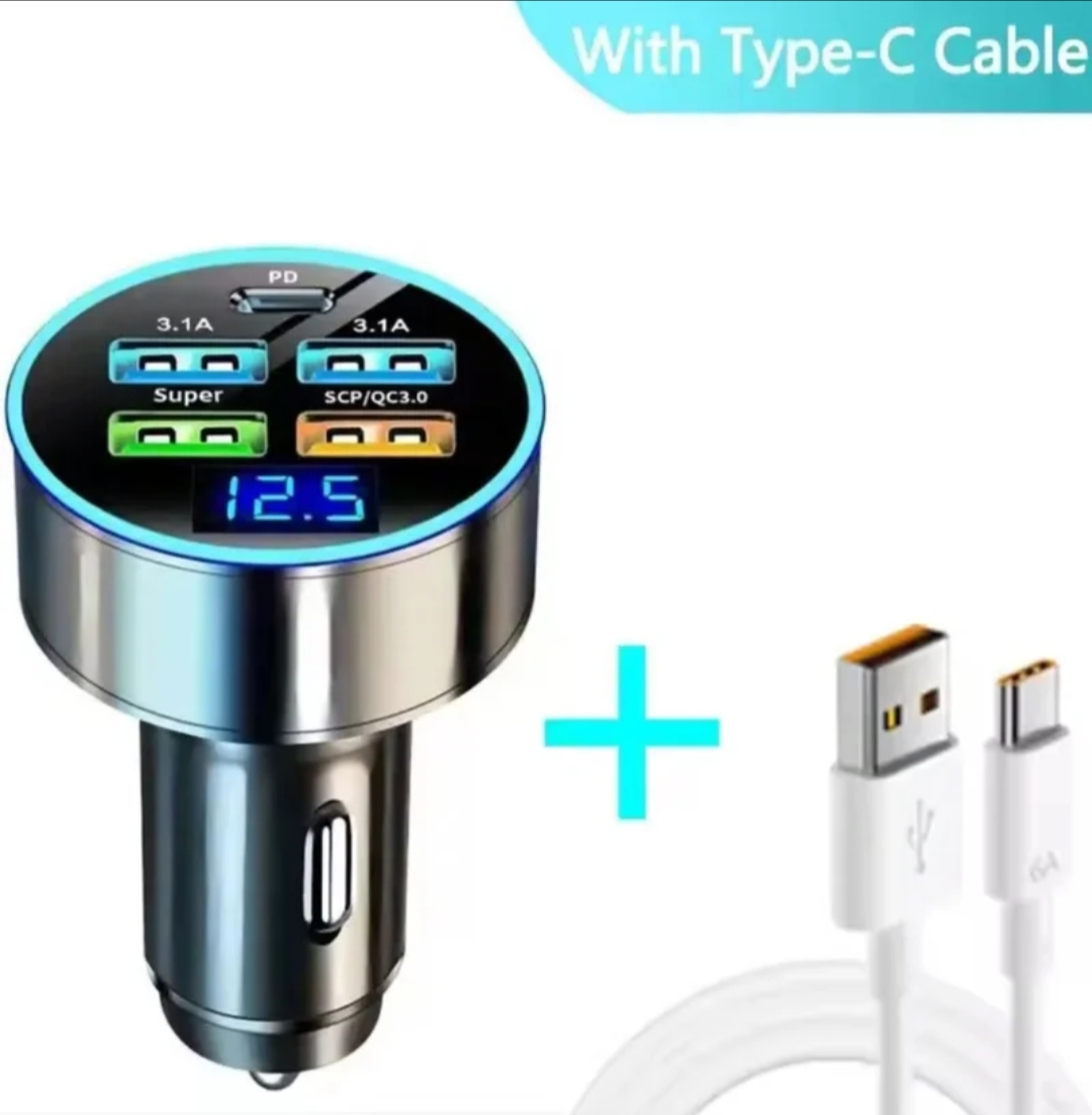 Cargador Rápido para Coche 120W con Cable Tipo-C – Carga Multifuncional Inteligente