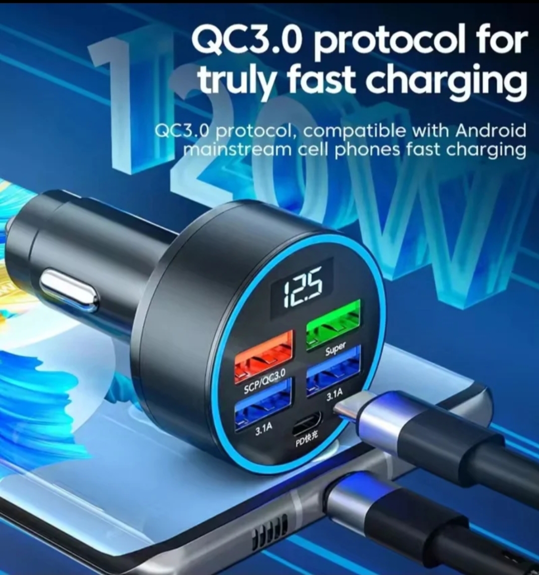 Cargador Rápido para Coche 120W con Cable Tipo-C – Carga Multifuncional Inteligente