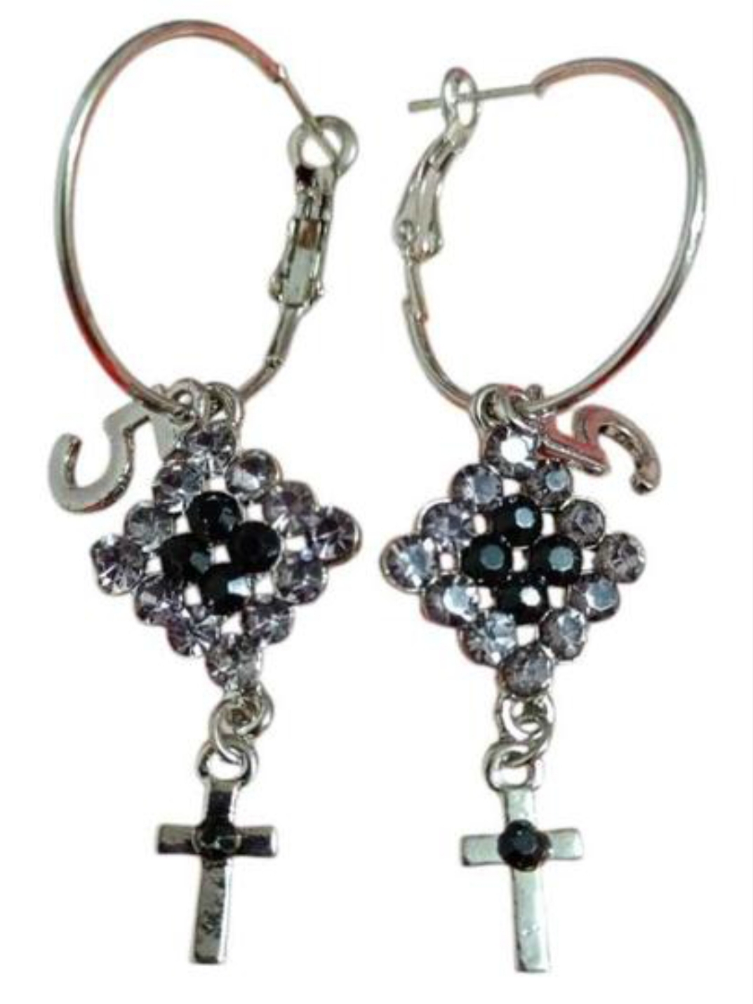 Pendientes Número 5 con Detalle Cruz y Brillantes en Plata y Negro