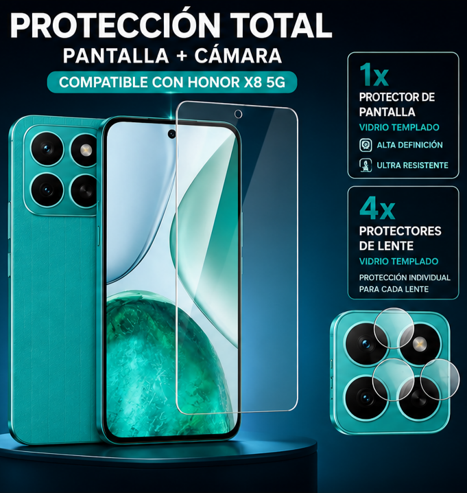 Protector de Pantalla Cristal Templado + 4 Protectores de Lente para Honor X8 5G | Dureza 9H Antihuellas