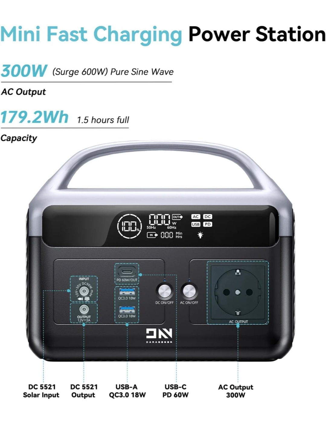 Estación de Energía 300W · 179,2Wh · LiFePO4 — Perfecta para camping y emergencias. 