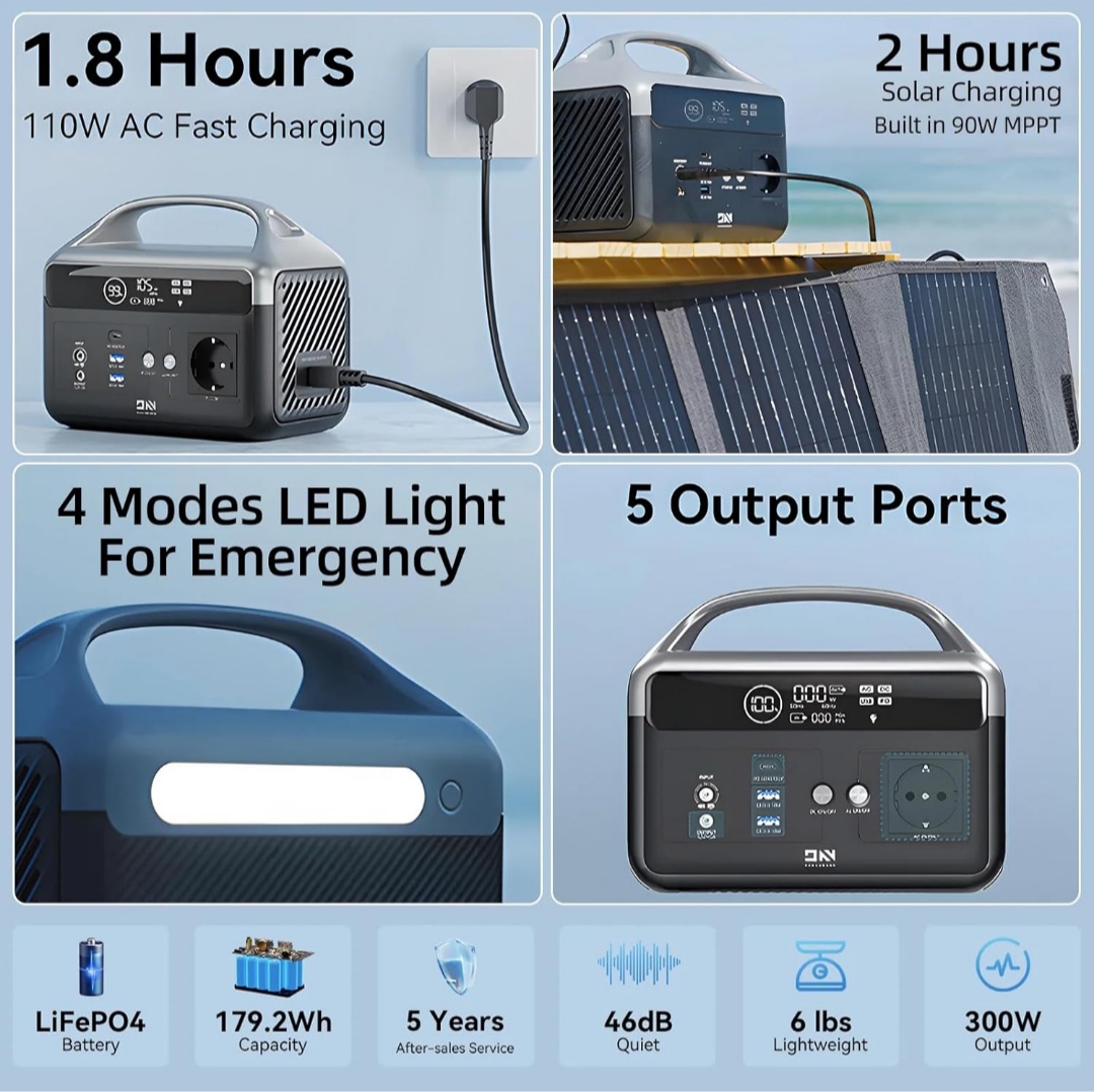 Estación de Energía 300W · 179,2Wh · LiFePO4 — Perfecta para camping y emergencias. 