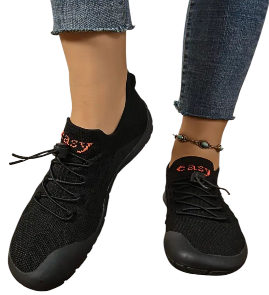 Zapatillas tipo calcetín mujer — negras, puntera ancha, talla 39,5 (nuevas, embalaje cerrado).