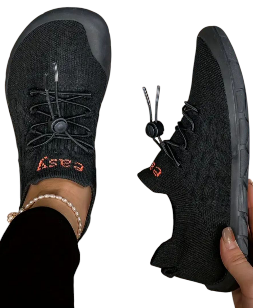 Zapatillas tipo calcetín mujer — negras, puntera ancha, talla 39,5 (nuevas, embalaje cerrado).