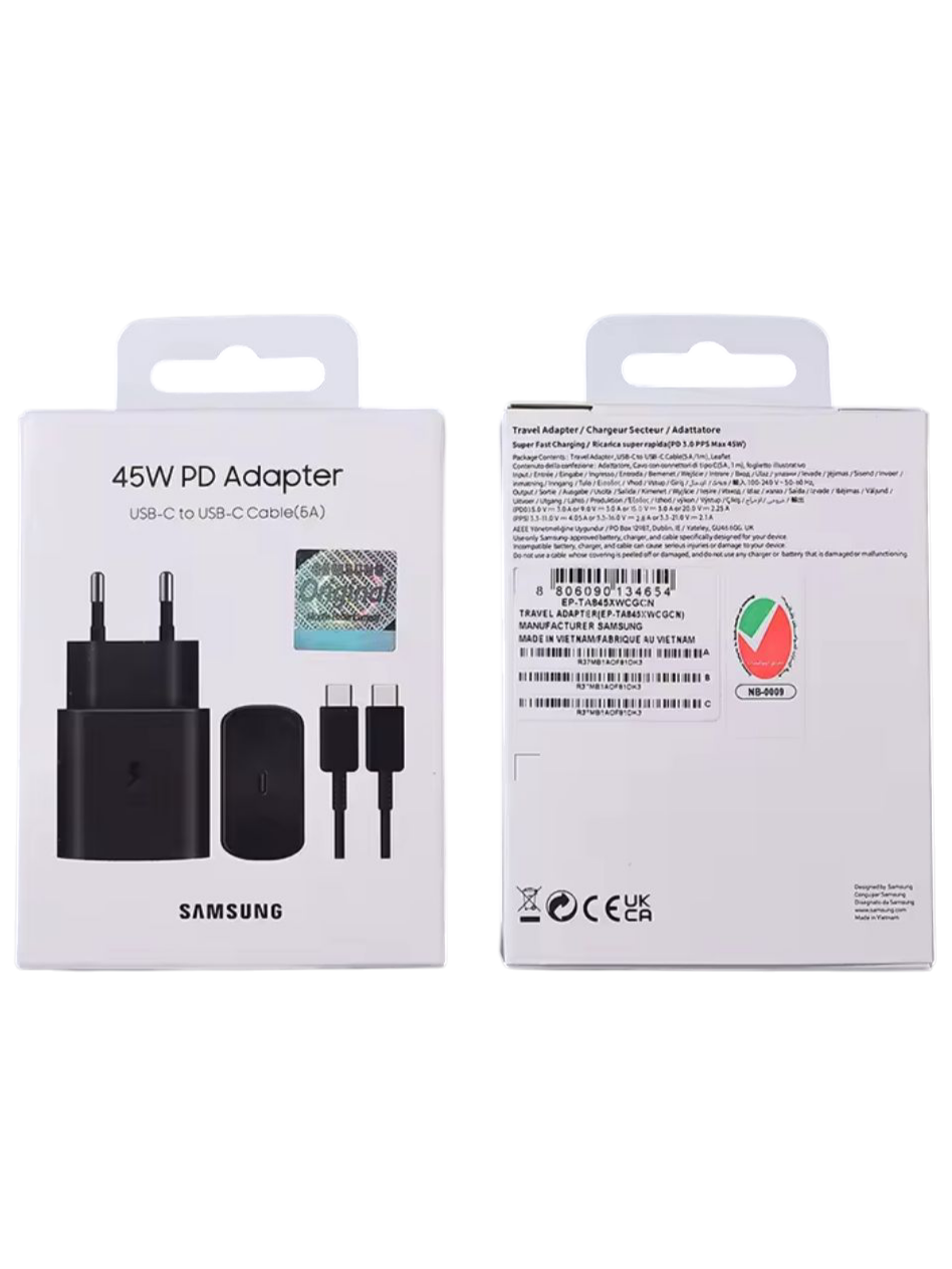 Cargador USB-C Samsung 45W — Adaptador “Super Fast Charger” con Cable USB-C 100 cm — Negro, Nuevo precintado