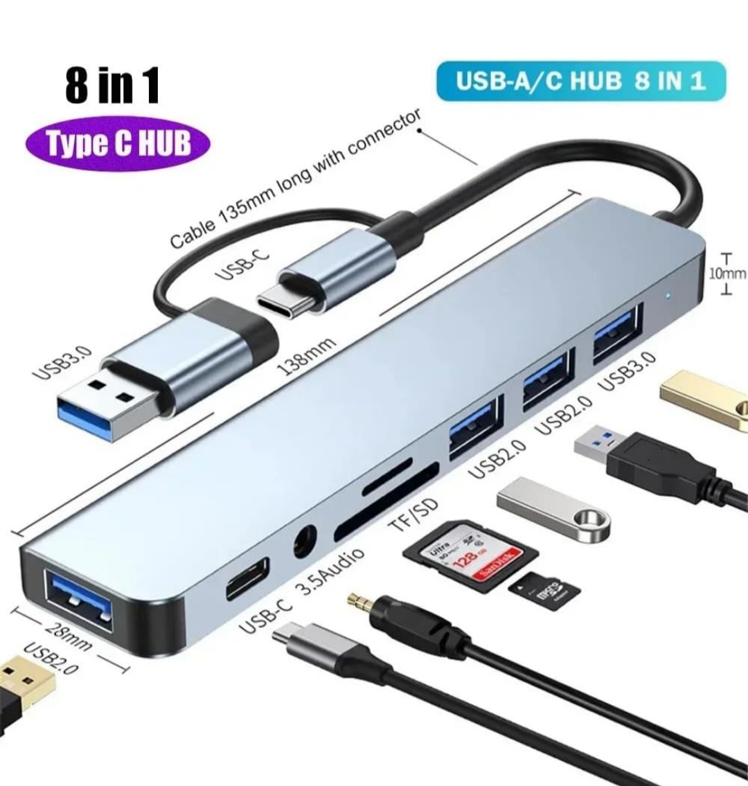 Hub USB-C 8-en-1 HDMI 4K, Ethernet, USB 3.0, SD/TF, PD 100W, Aluminio Premium – Compatible con MacBook, iPad, Windows, PS5, Xbox, Nintendo Switch