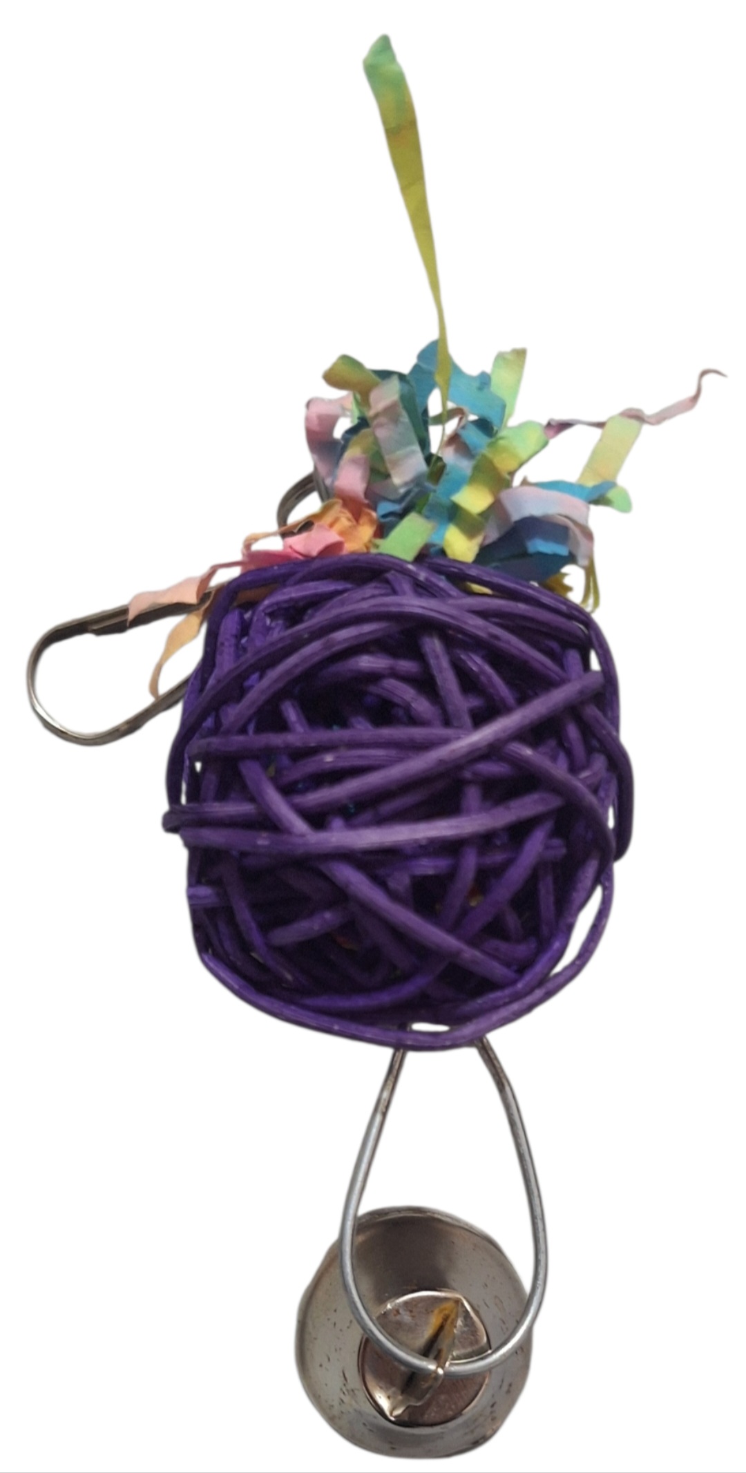 Juguete de forrajeo y trituración para pájaros con bola de ratán y papel de colores