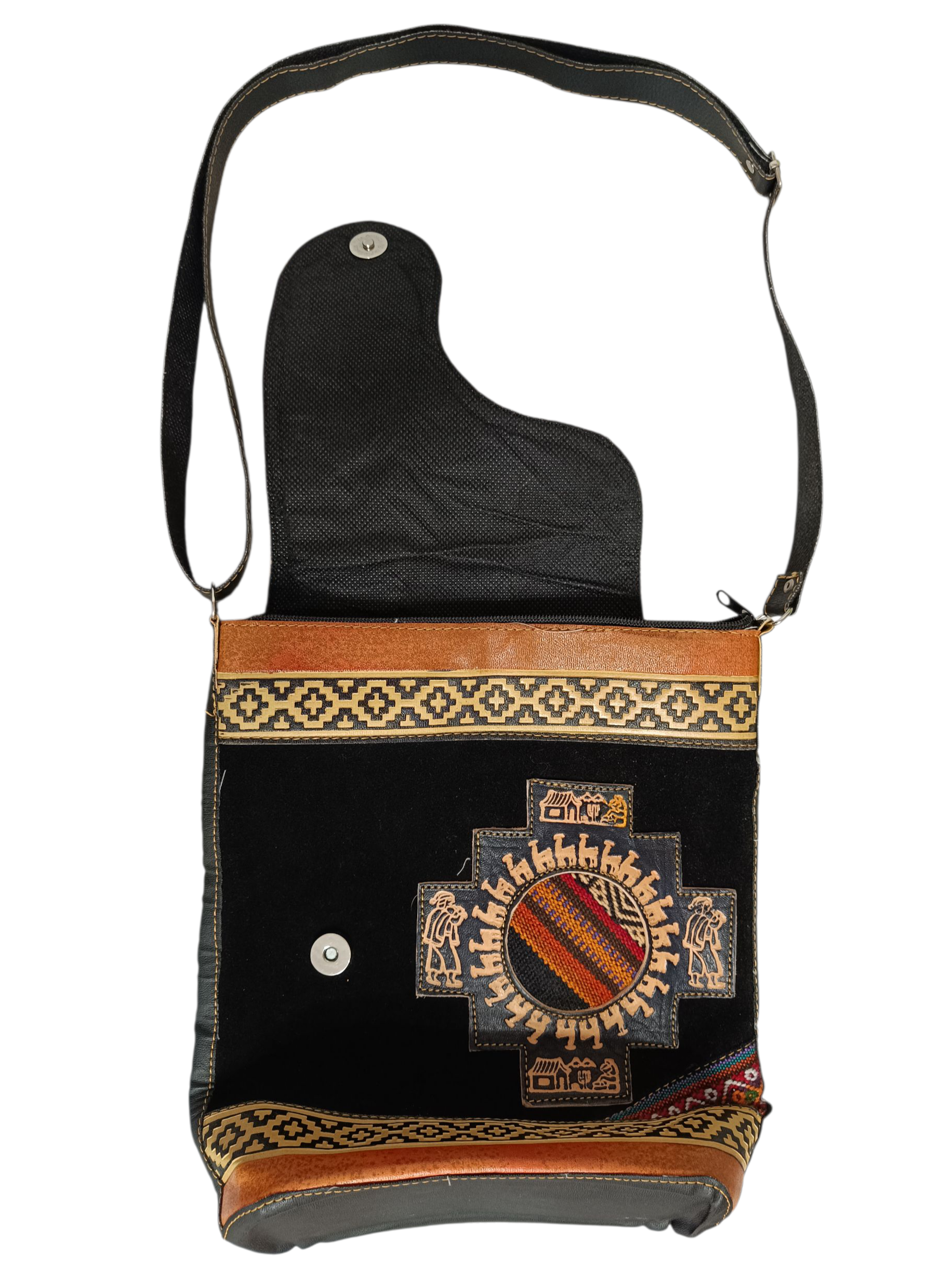 Bolso bandolera andino de cuero y ante — diseño artesanal