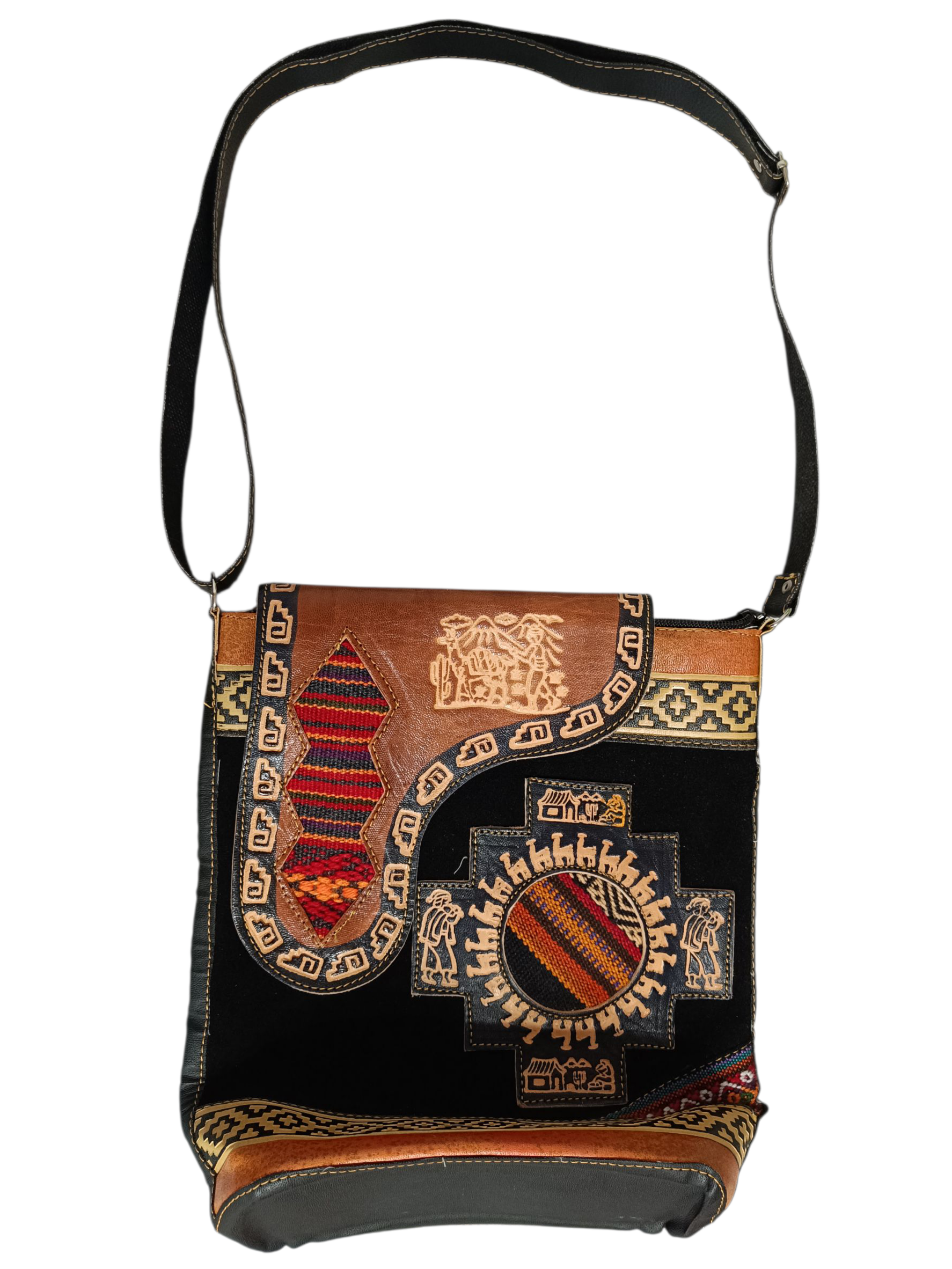Bolso bandolera andino de cuero y ante — diseño artesanal