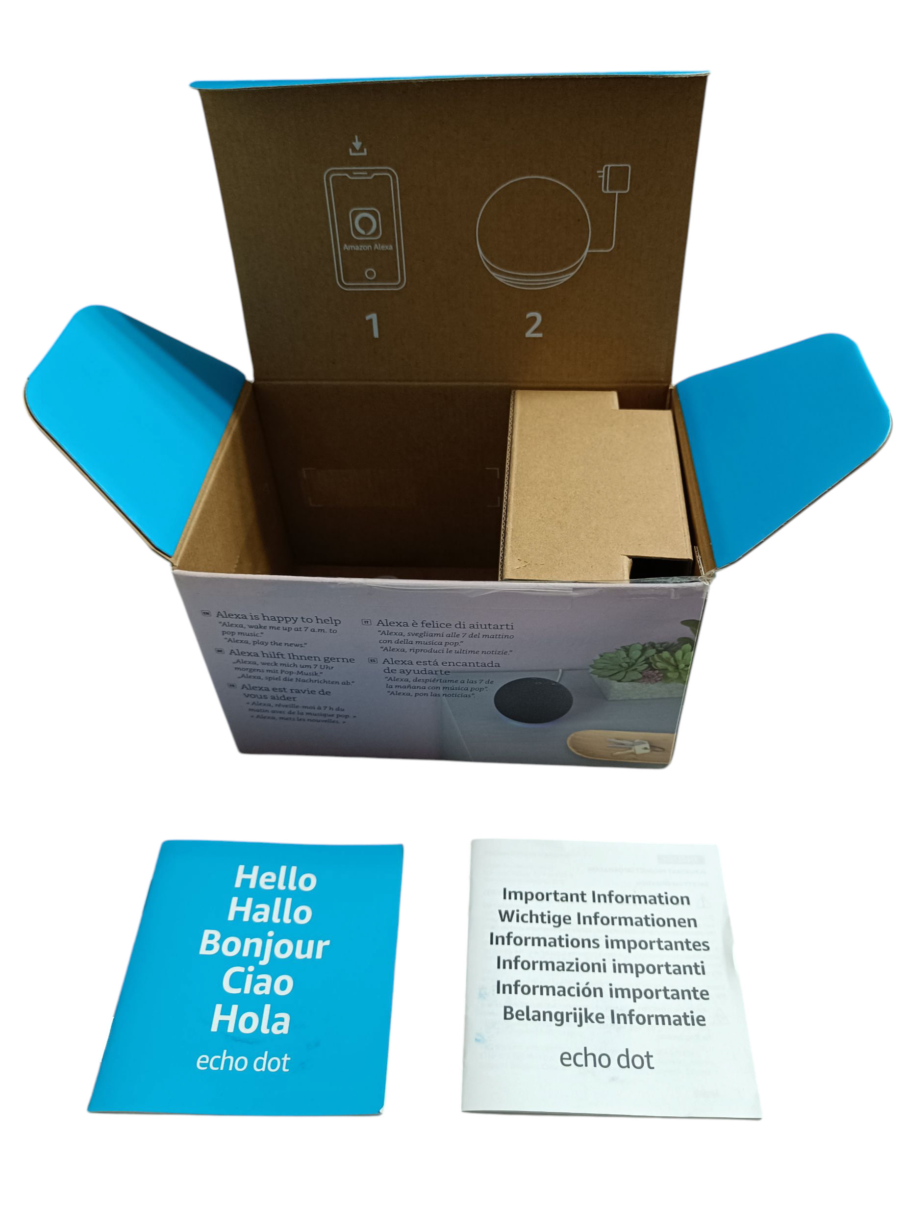 Caja y Manual Original Echo Dot 5G – Pack Oficial Amazon