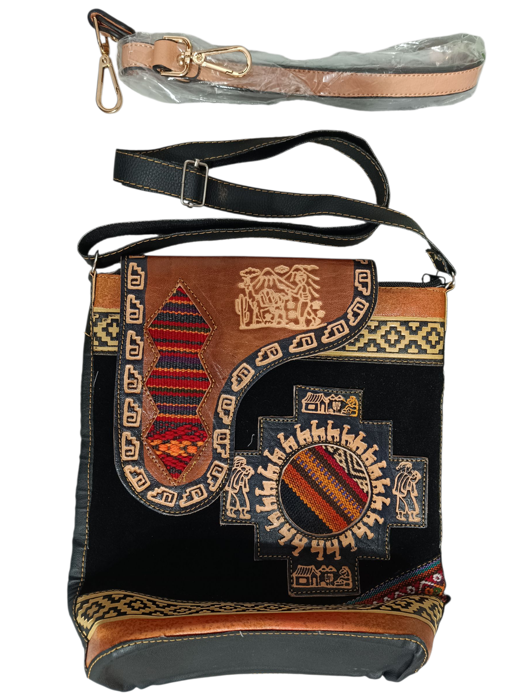 Bolso bandolera andino de cuero y ante — diseño artesanal