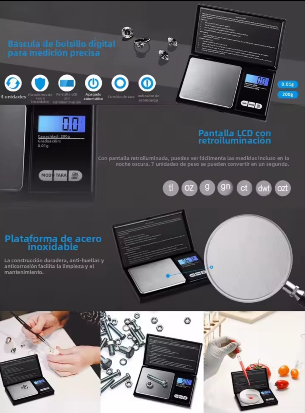 Báscula digital de precisión 1000g 0,01g portátil de bolsillo