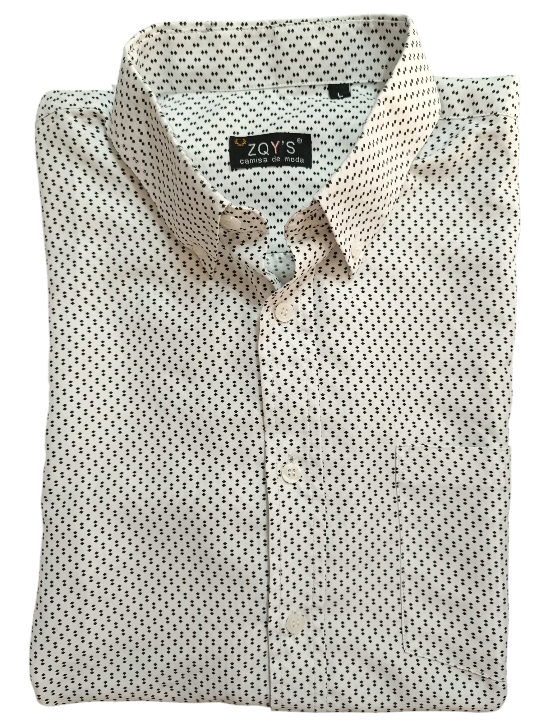 Camisa ZQY'S hombre L — blanca con lunares negros, semi-nueva.