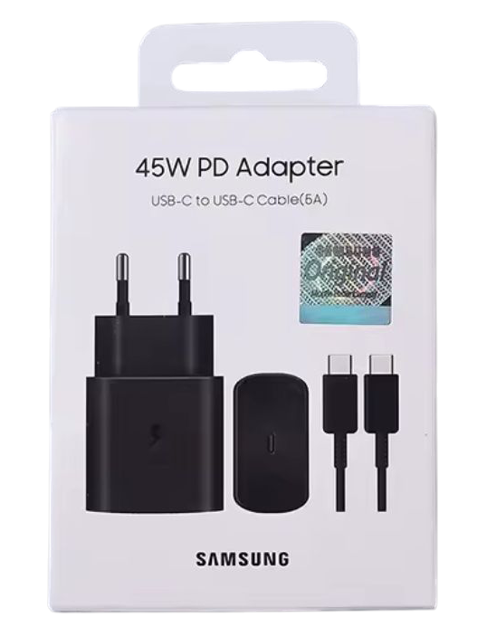 Cargador USB-C Samsung 45W — Adaptador “Super Fast Charger” con Cable USB-C 100 cm — Negro, Nuevo precintado