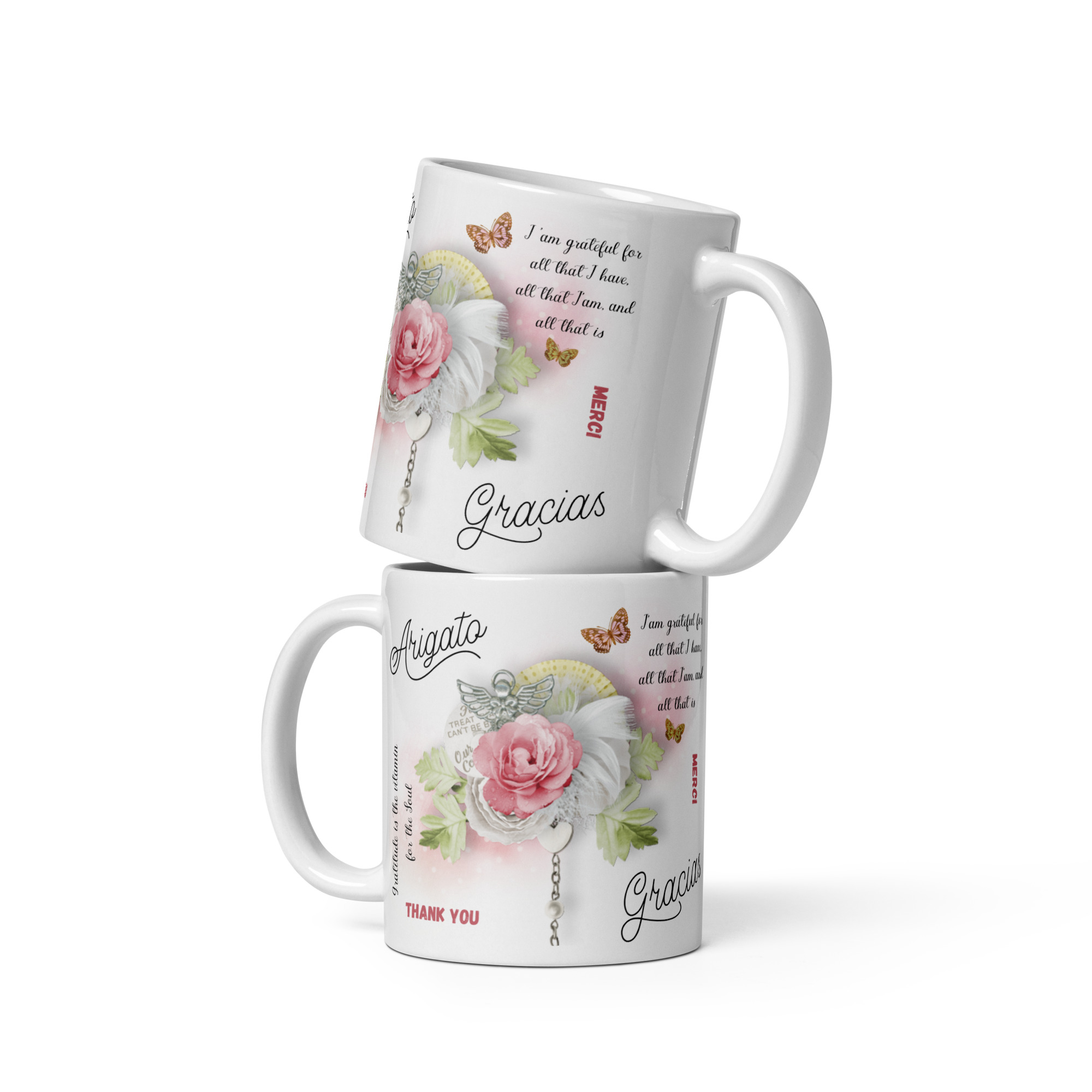 Mugs céramique Gratitude " Arigato" motif florale avec papillons 325ml