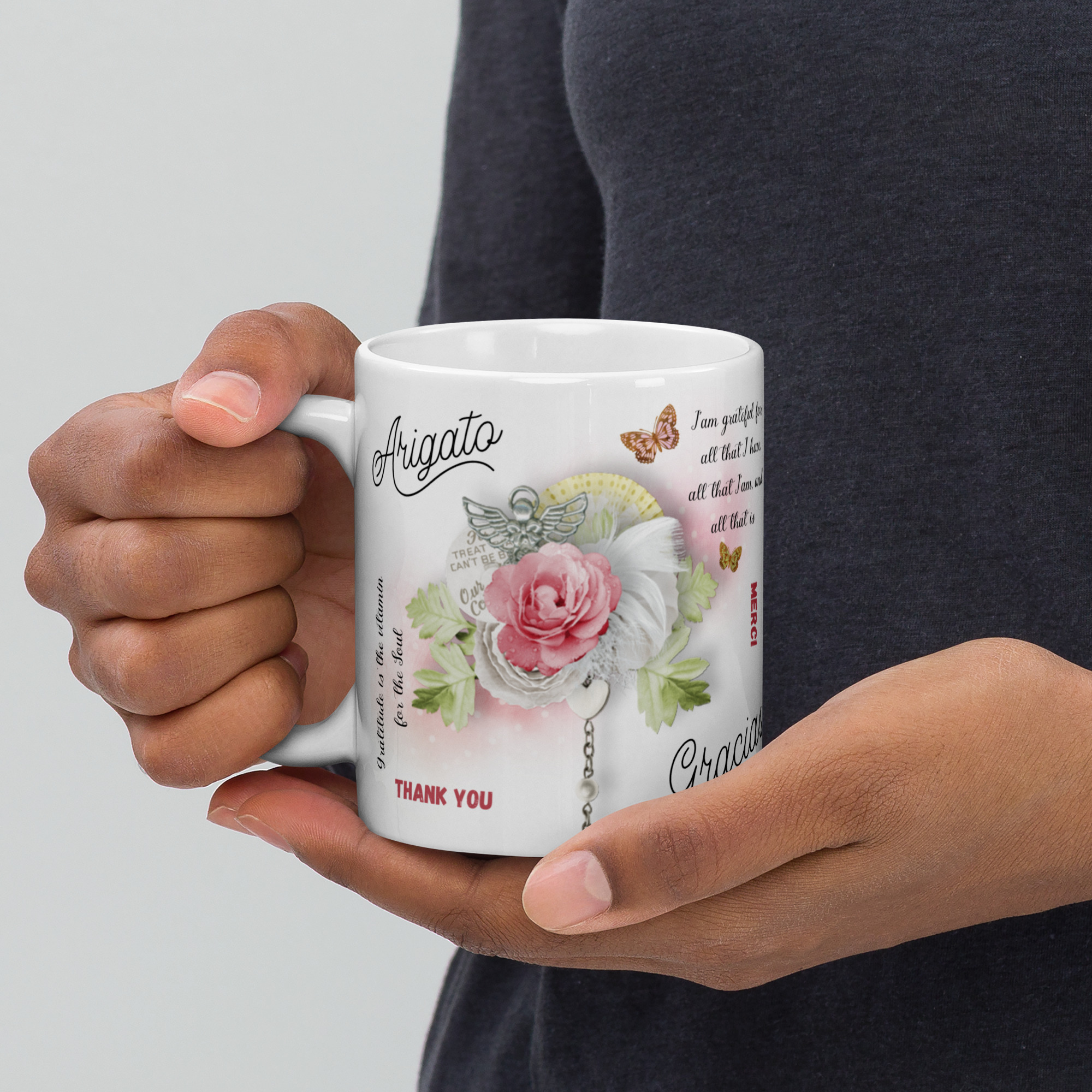 Mugs céramique Gratitude " Arigato" motif florale avec papillons 325ml
