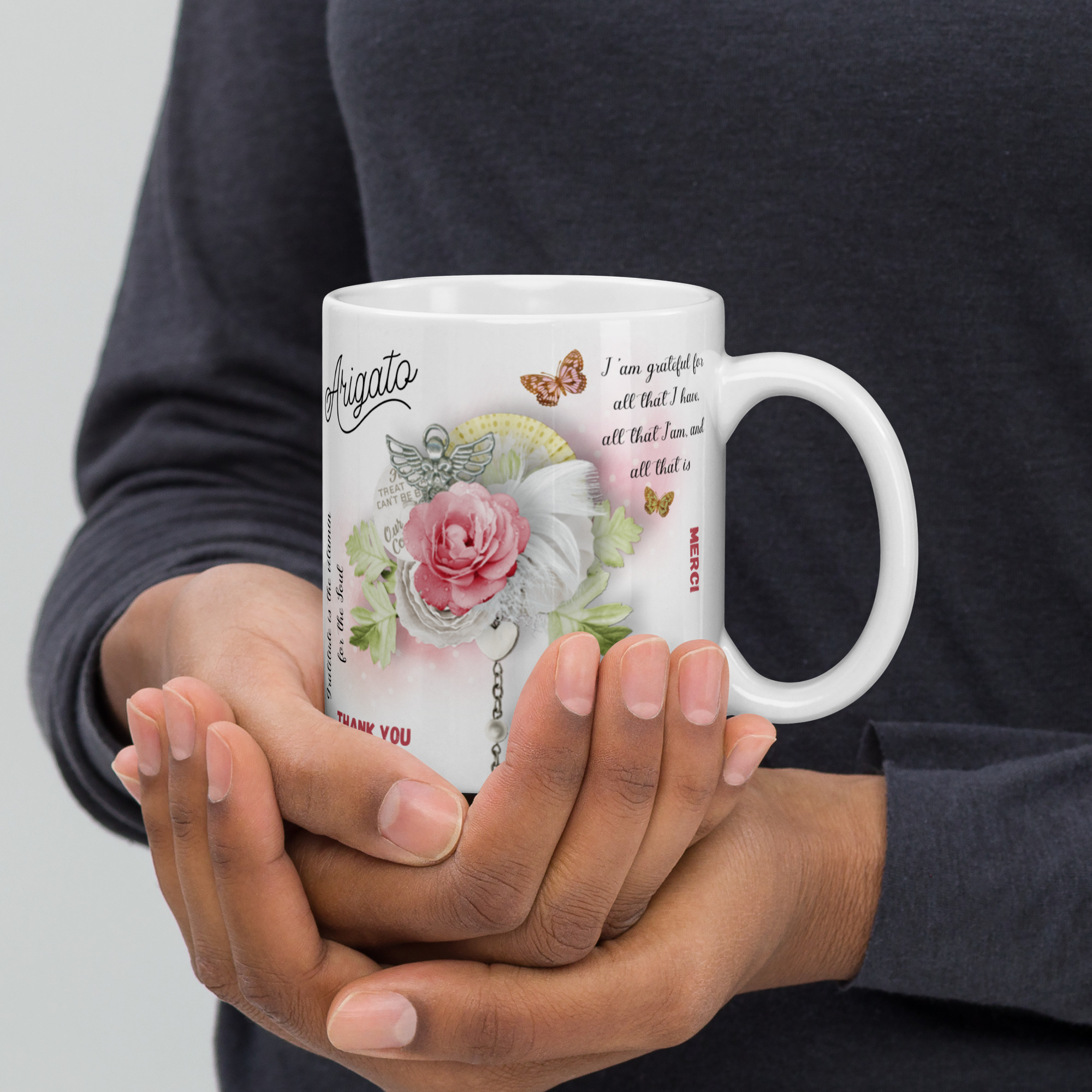 Mugs céramique Gratitude " Arigato" motif florale avec papillons 325ml