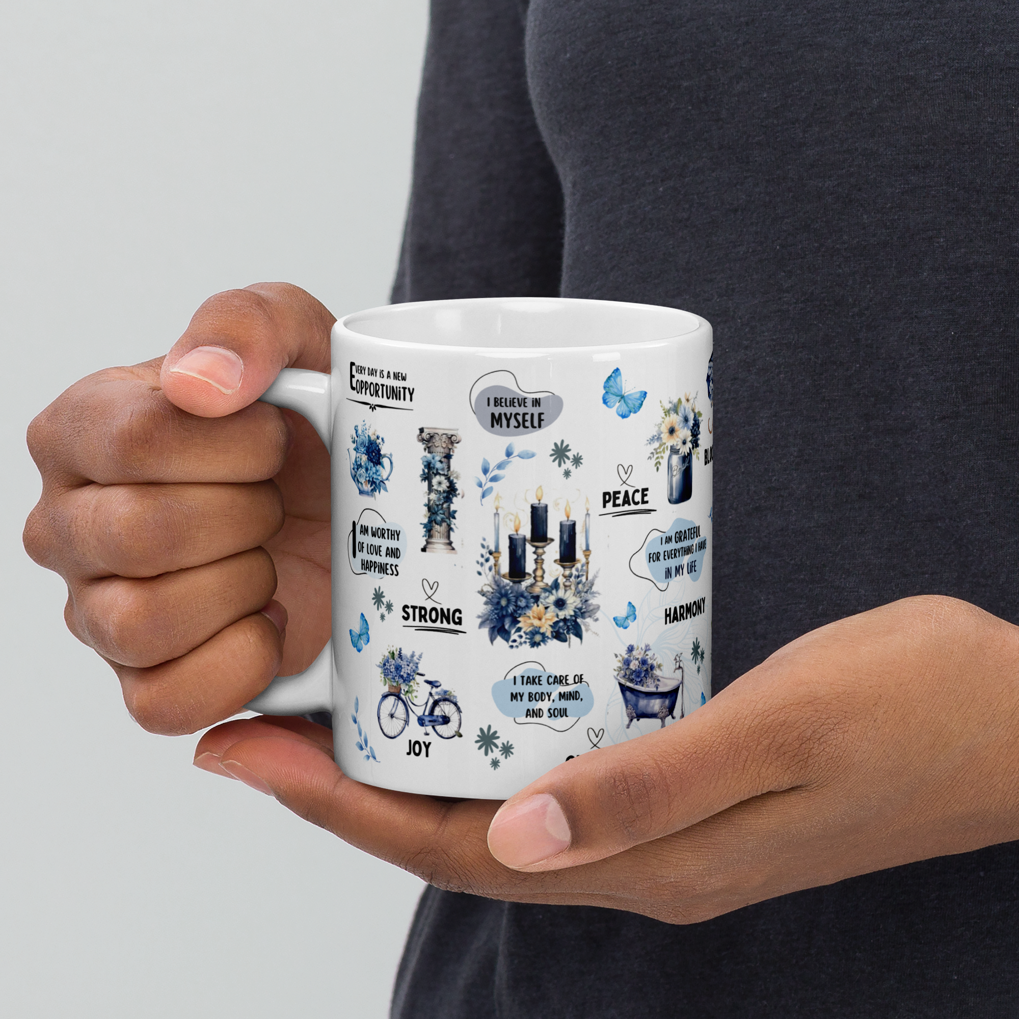 Mugs céramique Winter "positive mindset" motifs bleuté élégant et affirmations positives 325ml