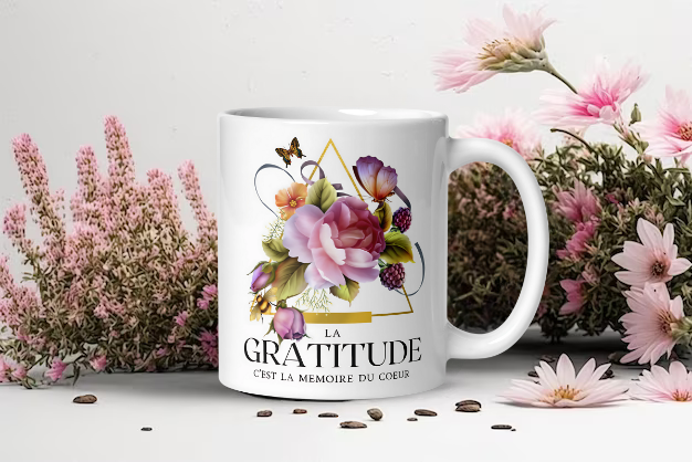 Mugs céramique Gratitude motif florale avec papillons 325ml