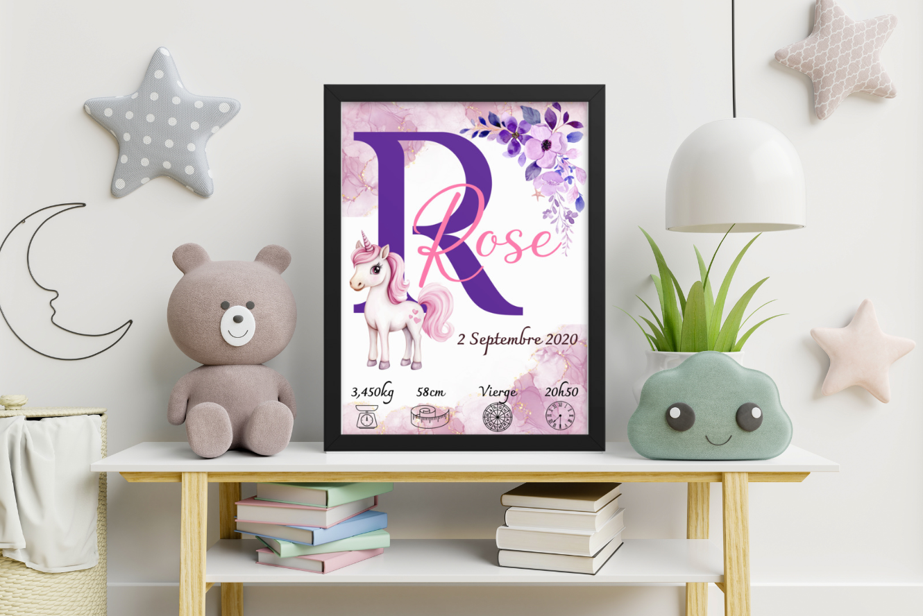 Affiche de naissance personnalisée Licorne, Cadeau pour enfant  