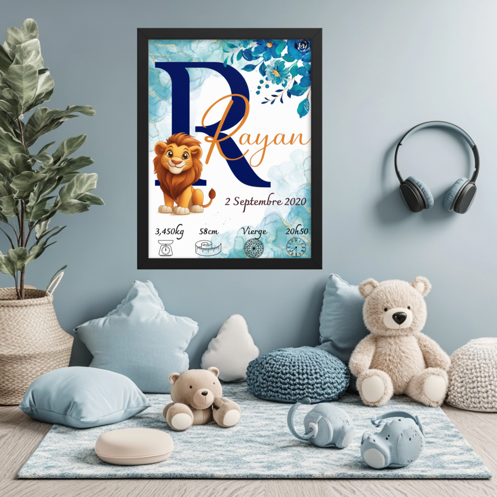 Affiche de naissance personnalisée Lion, Cadeau pour enfant 