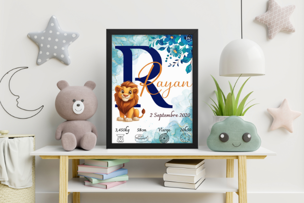 Affiche de naissance personnalisée Lion, Cadeau pour enfant 