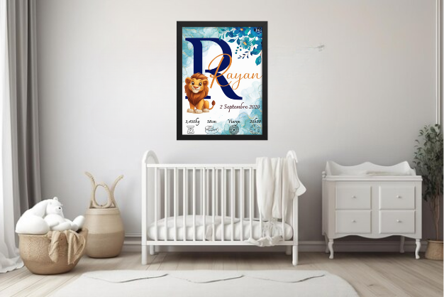 Affiche de naissance personnalisée Lion, Cadeau pour enfant 