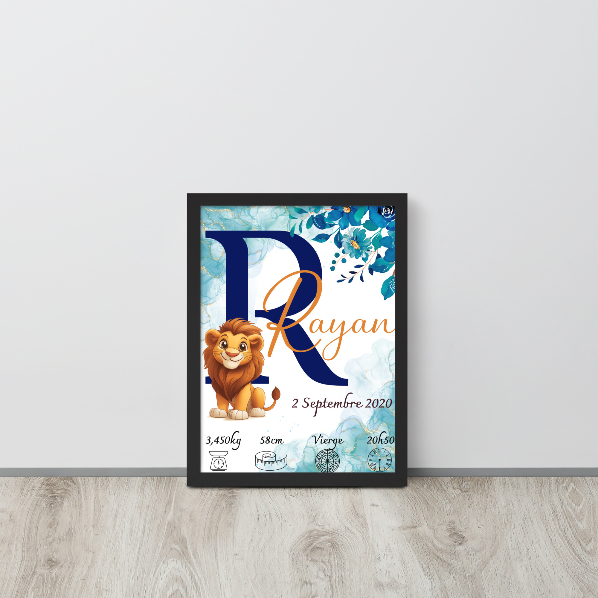 Affiche de naissance personnalisée Lion, Cadeau pour enfant 