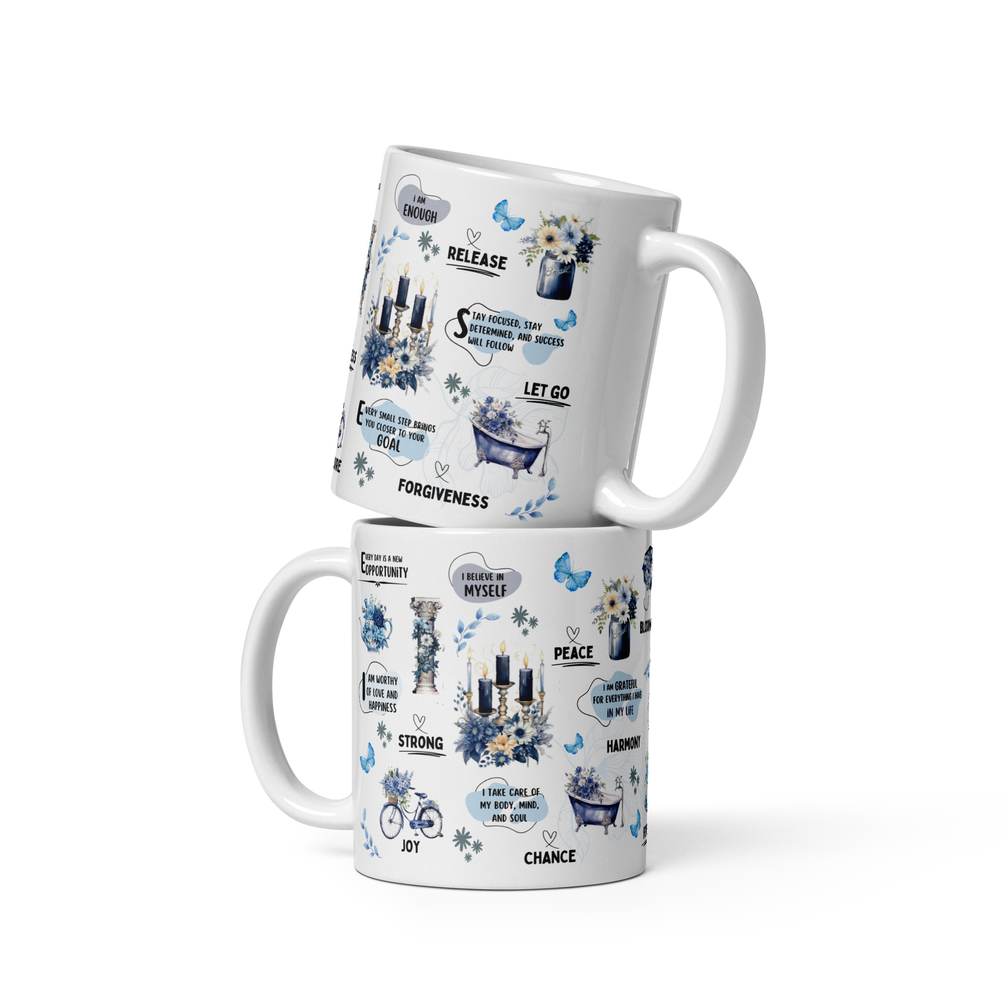 Mugs céramique Winter "positive mindset" motifs bleuté élégant et affirmations positives 325ml