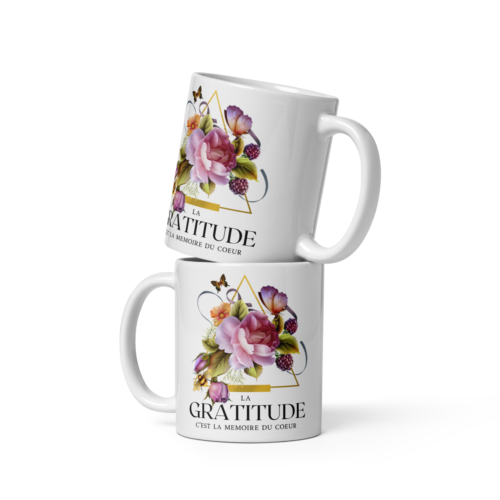 Mugs céramique Gratitude motif florale avec papillons 325ml