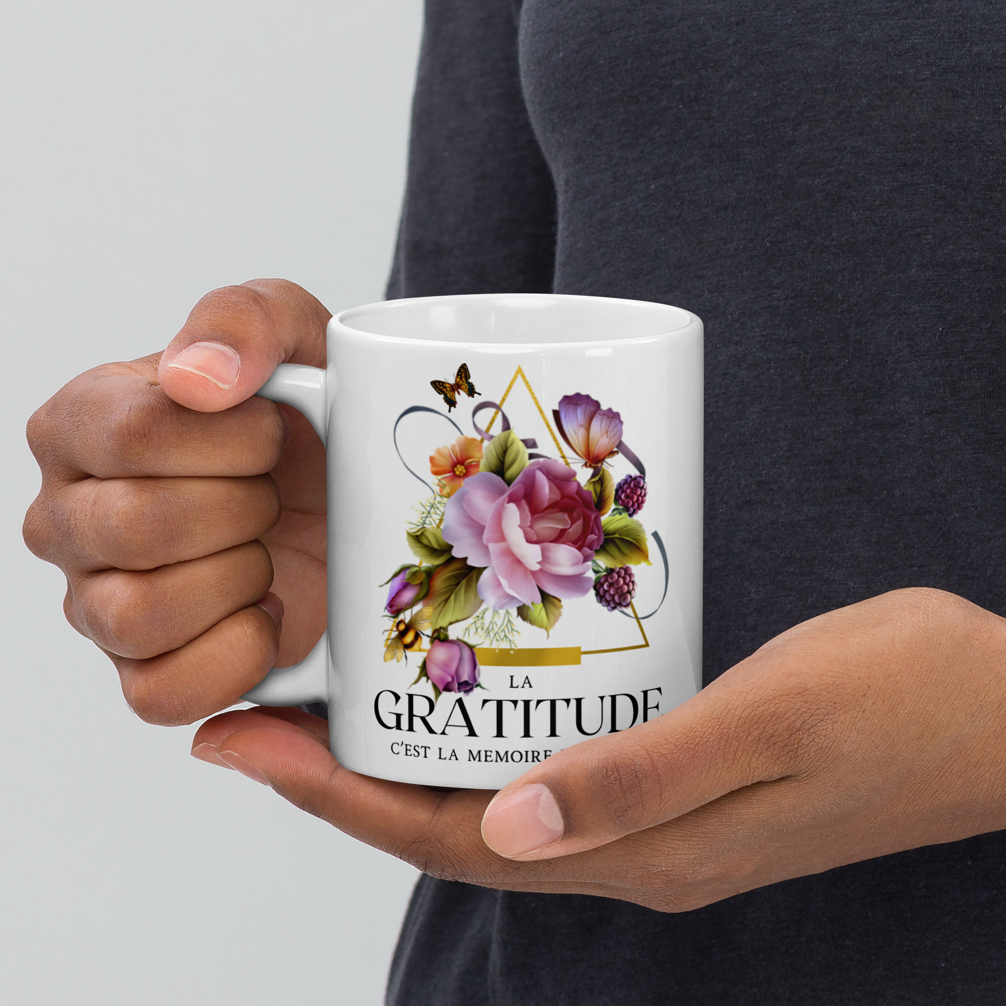 Mugs céramique Gratitude motif florale avec papillons 325ml