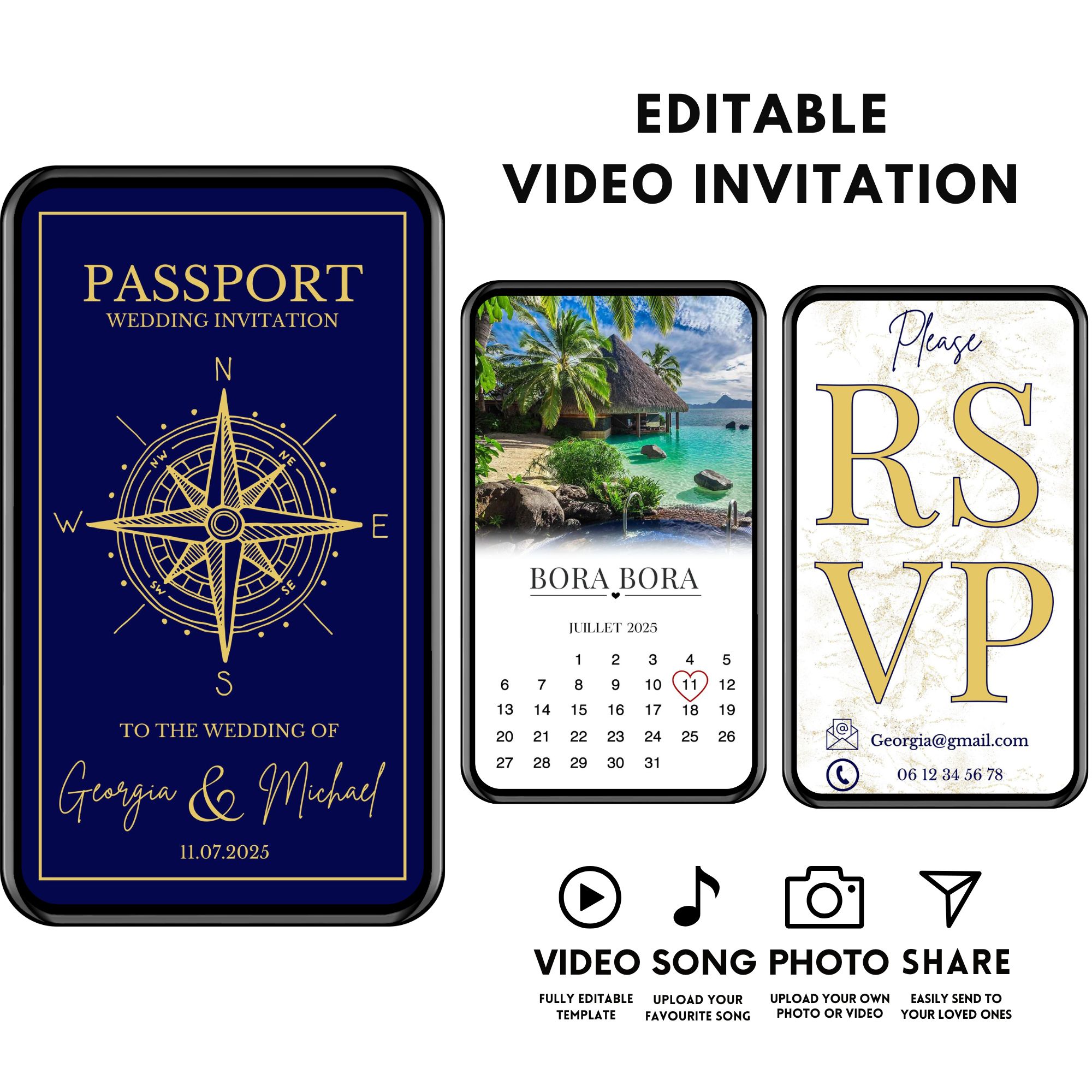 Faire-part de mariage numérique Passeport, Invitation de mariage électronique vidéo, Template 100% personnalisable via Canva