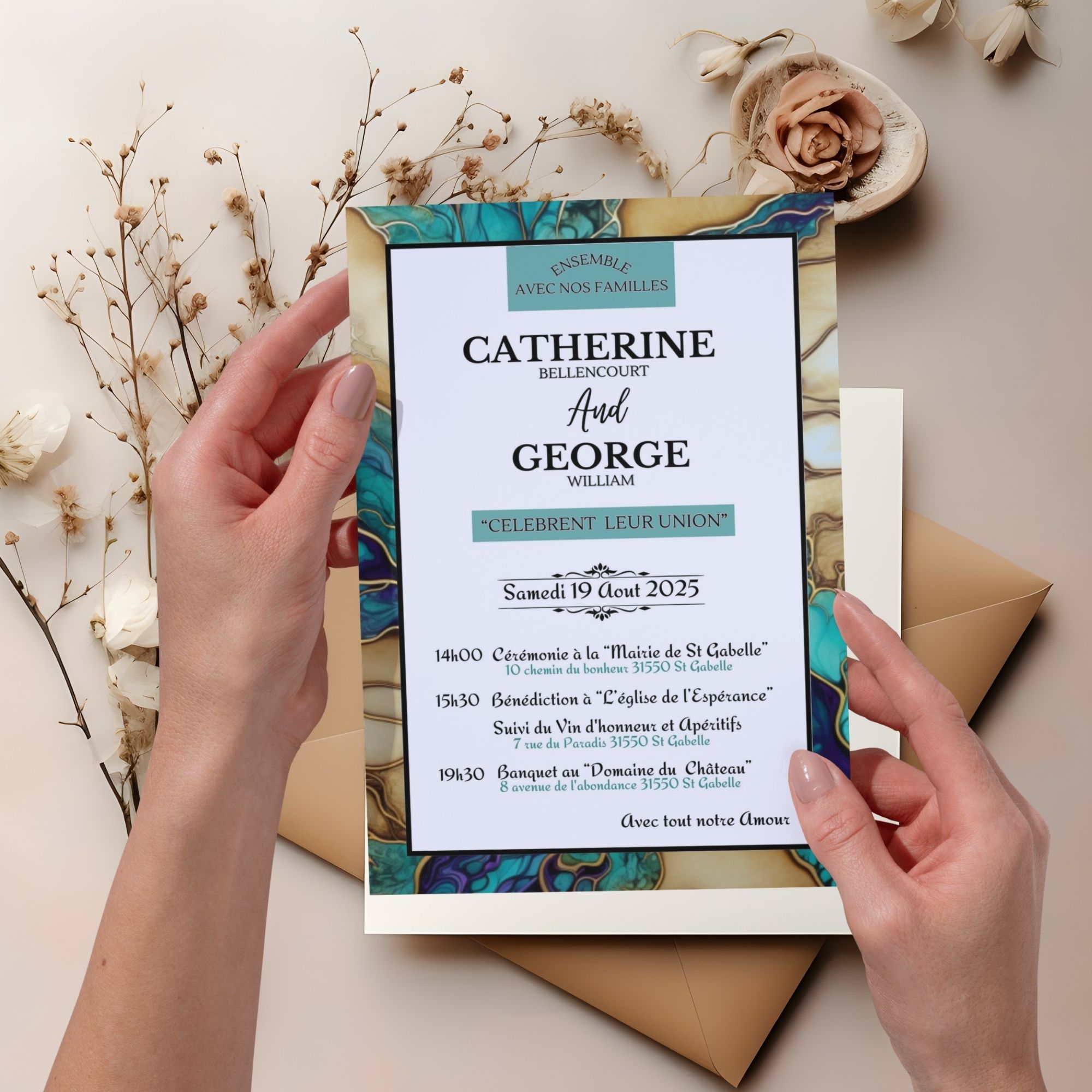 Faire-part de mariage digital Turquoise Marble, Invitation de mariage électronique, Template 100% personnalisable via Canva