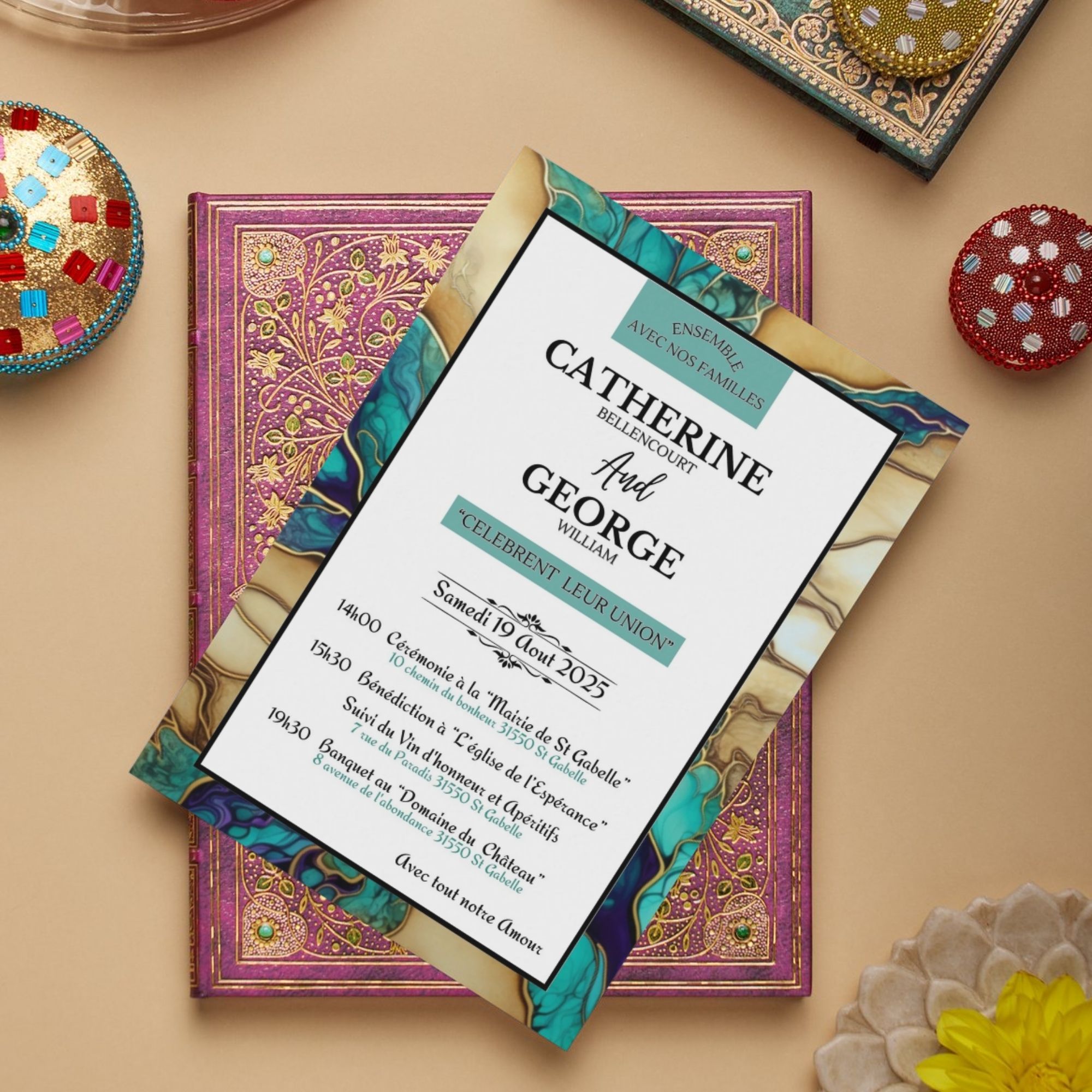 Faire-part de mariage digital Turquoise Marble, Invitation de mariage électronique, Template 100% personnalisable via Canva