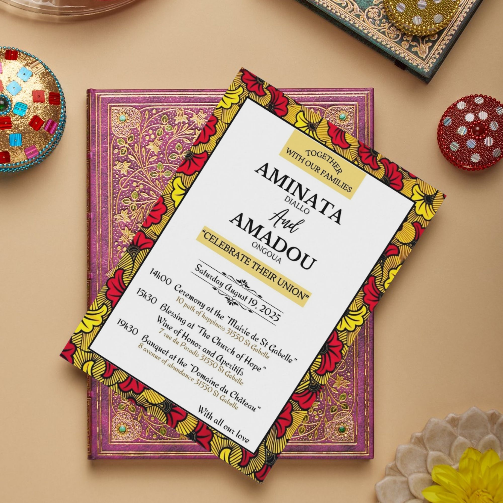 Faire-part de mariage digital africain wax, Invitation de mariage wax électronique, Template 100% personnalisable via Canva