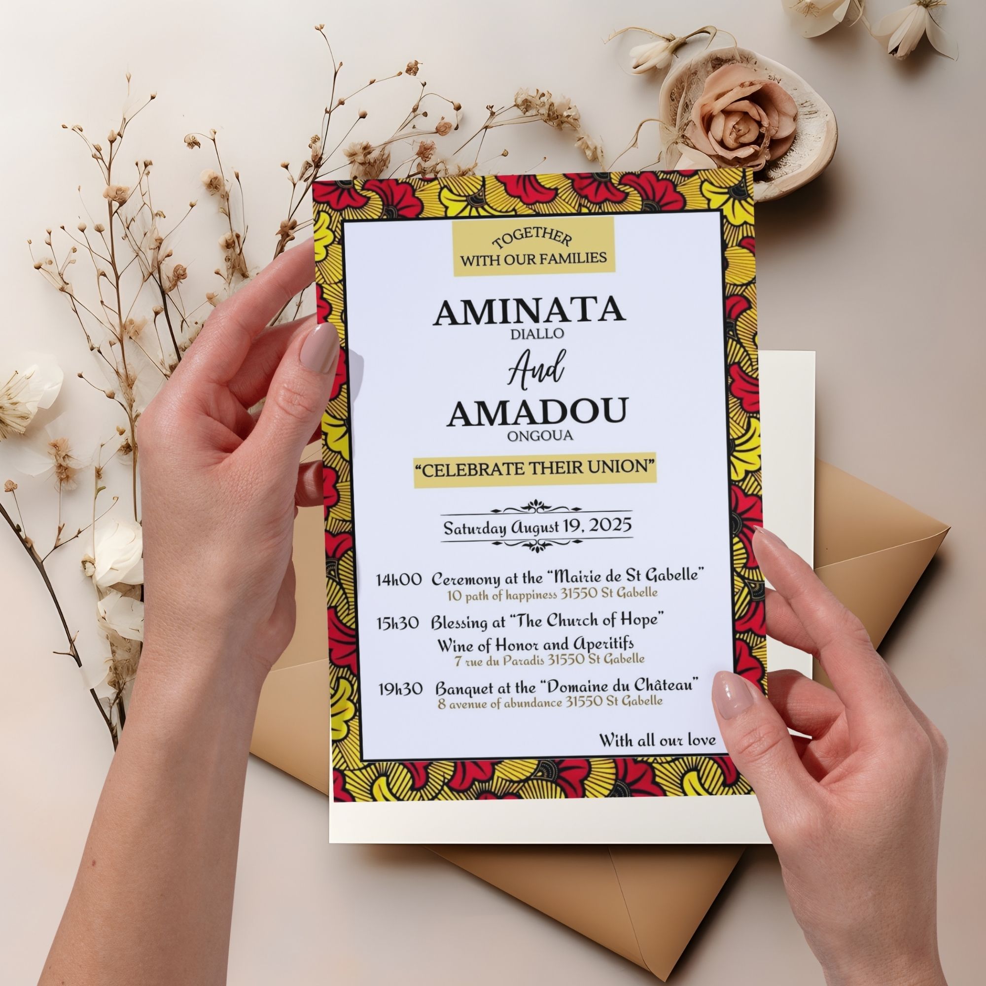 Faire-part de mariage digital africain wax, Invitation de mariage wax électronique, Template 100% personnalisable via Canva