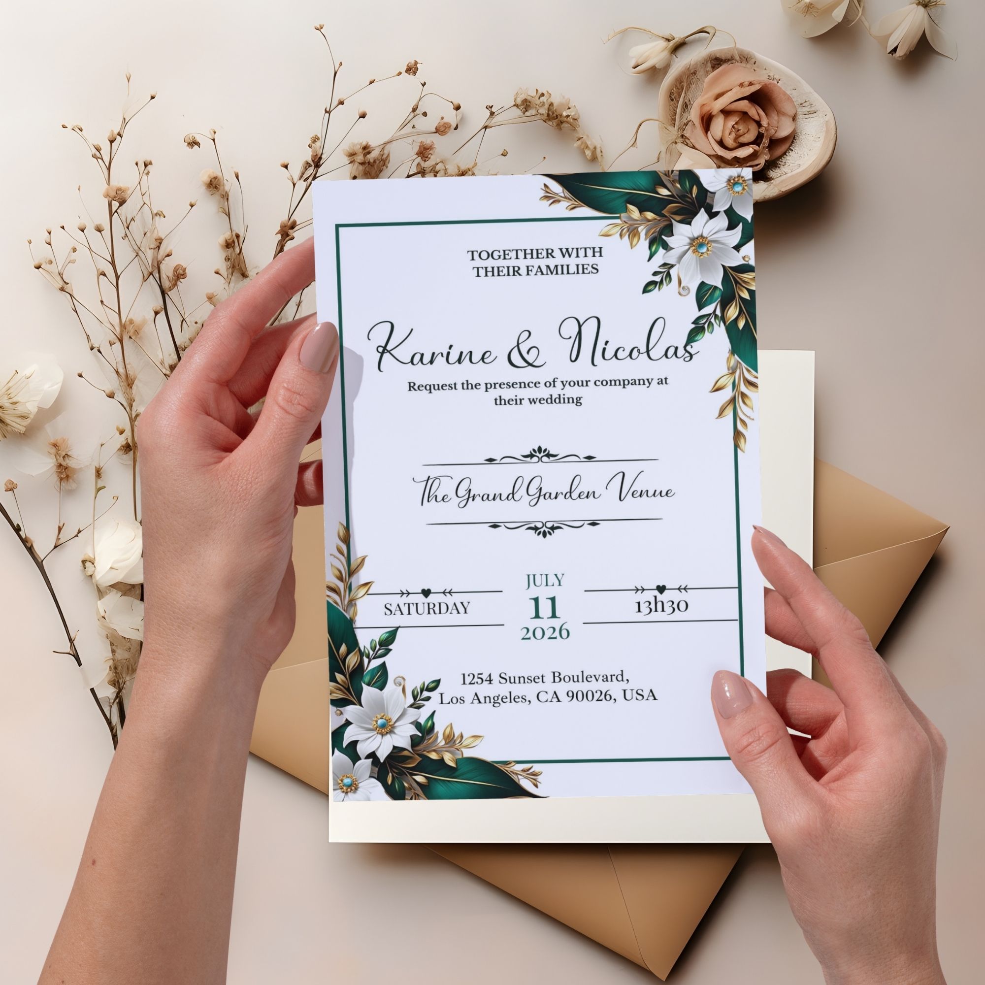 Set de faire-part de mariage digital floral, Invitation de mariage vert, blanc et or chic, Template 100% personnalisable via Canva
