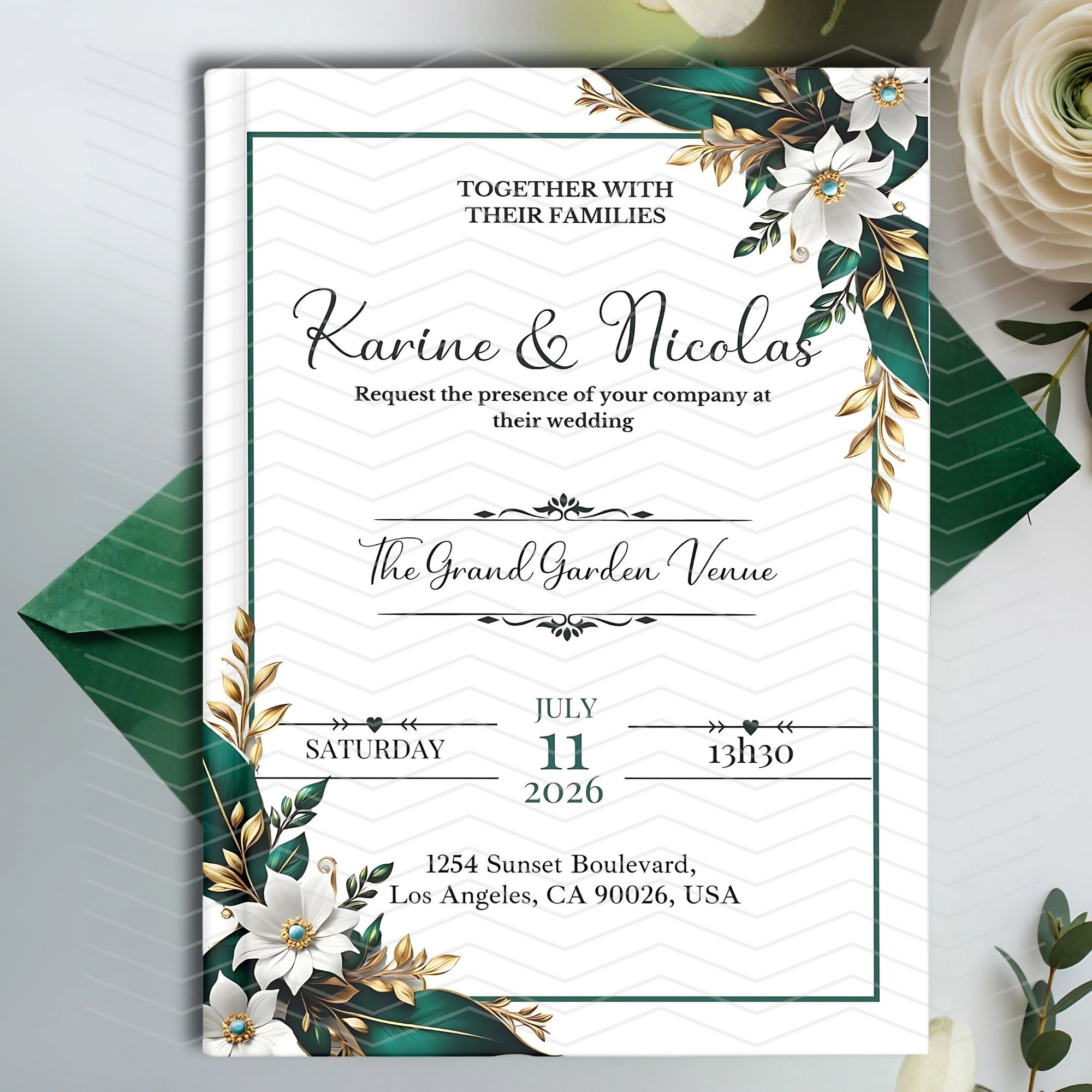 Set de faire-part de mariage digital floral, Invitation de mariage vert, blanc et or chic, Template 100% personnalisable via Canva