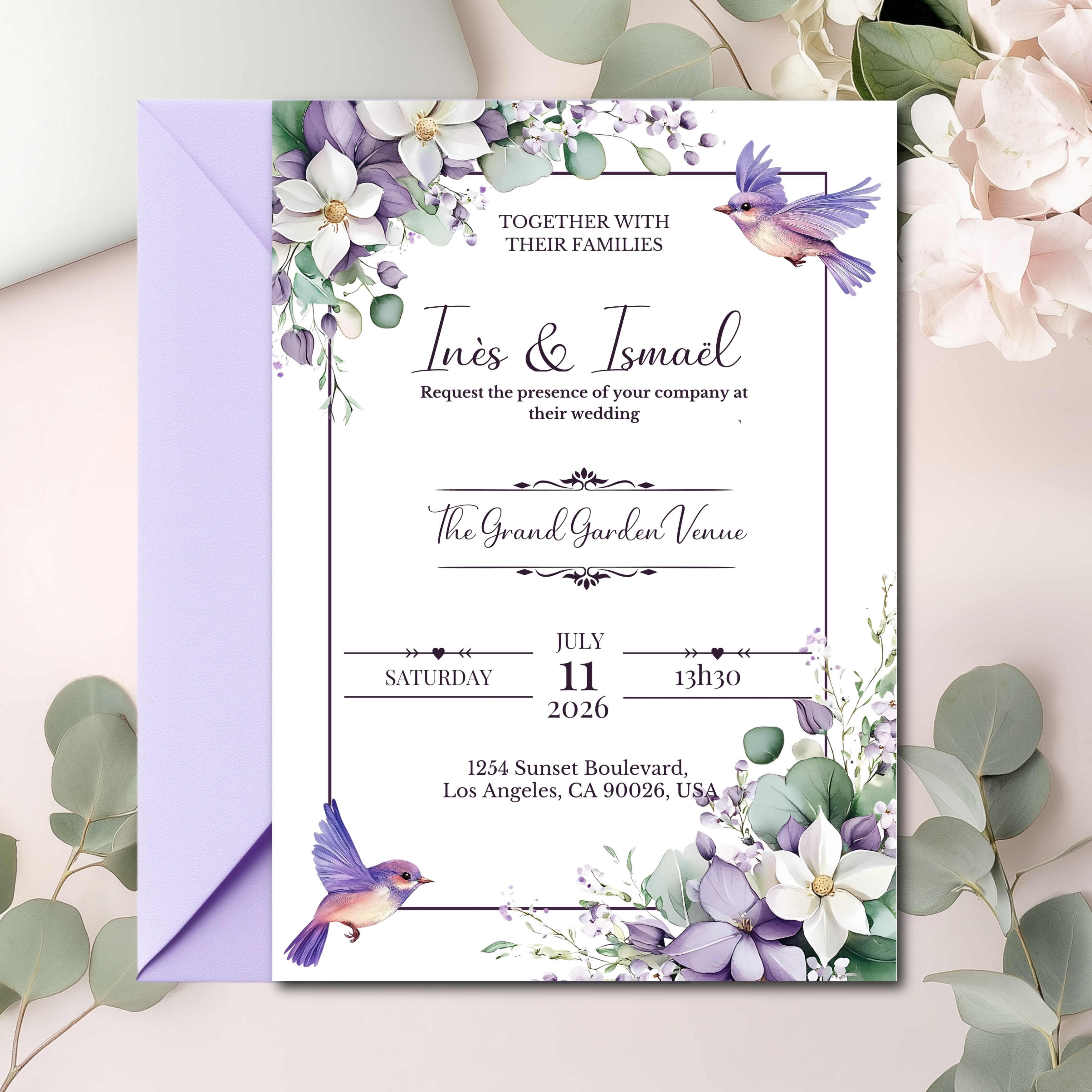 Faire-part de mariage floral personnalisable – Invitation numérique élégante – Modèle à imprimer fleurs blanches – Template mariage Canva