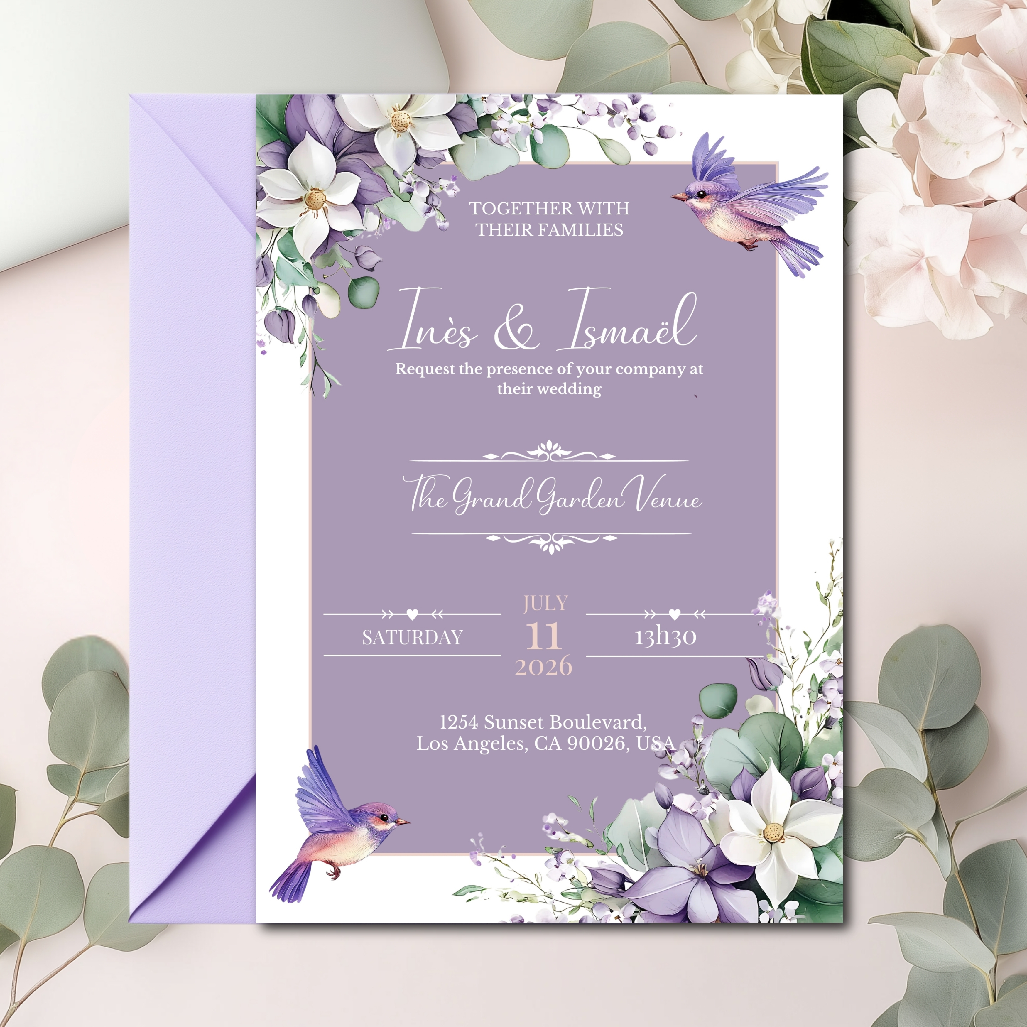 Faire-part de mariage floral personnalisable – Invitation numérique élégante – Modèle à imprimer fleurs blanches – Template mariage Canva