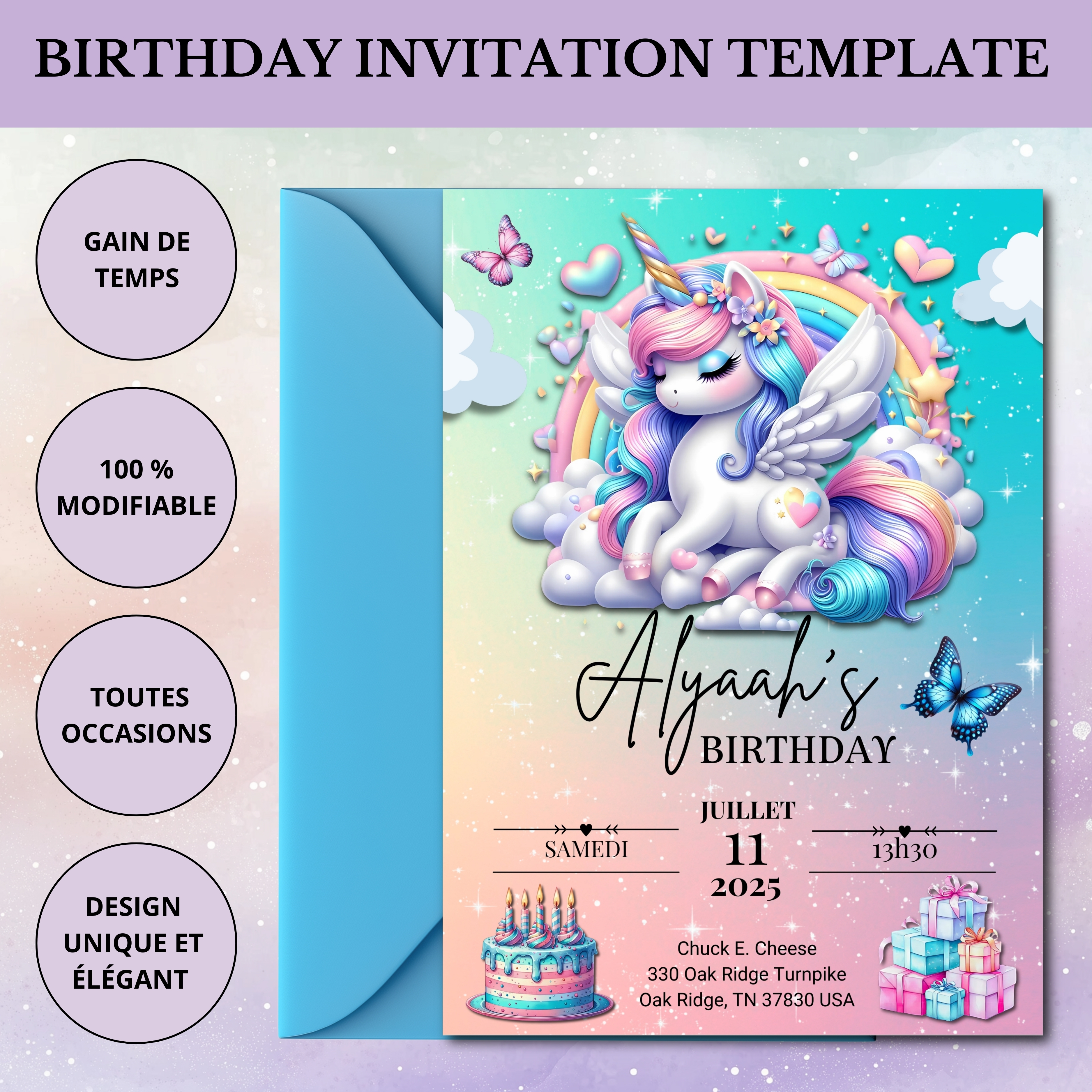 Invitation licorne digital - Bonus Vidéo- Carte à Imprimer pour Fête Enfant -Modèle Numérique Téléchargeable - Invitation licorne pour canva