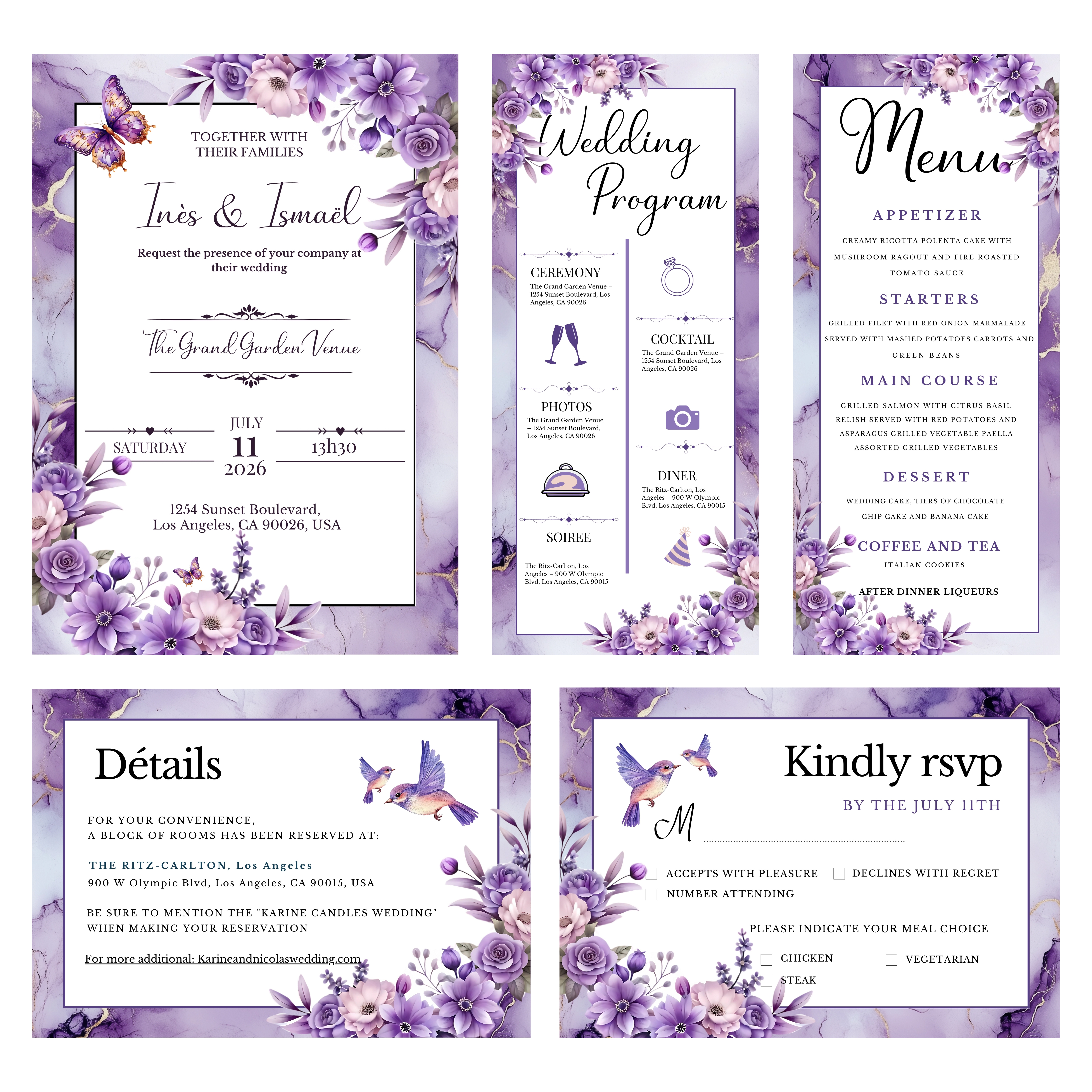 Faire-part de mariage floral Mauve Eternel personnalisable – Invitation numérique élégante – Modèle à imprimer fleurs mauves – Template mariage Canva