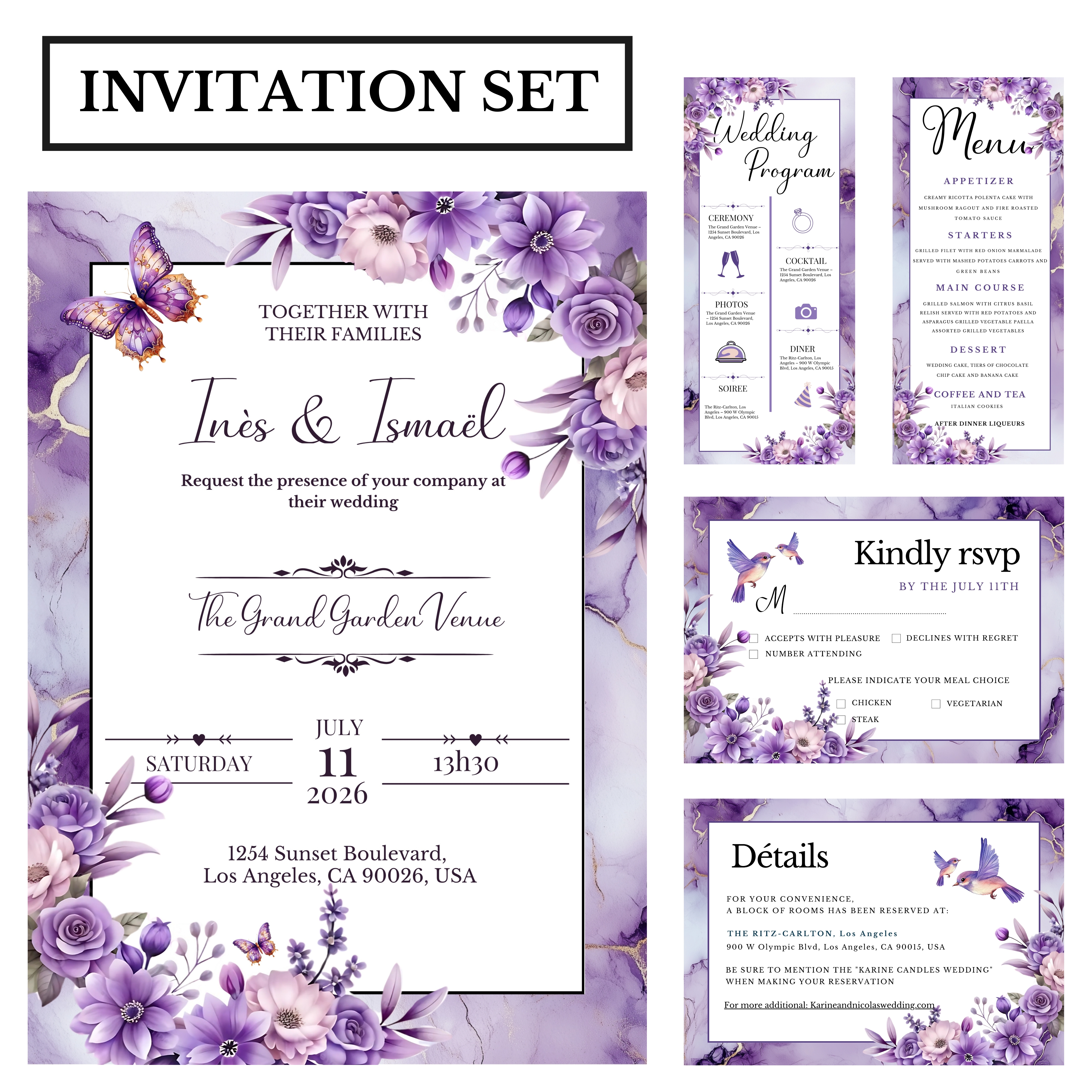 Faire-part de mariage floral Mauve Eternel personnalisable – Invitation numérique élégante – Modèle à imprimer fleurs mauves – Template mariage Canva