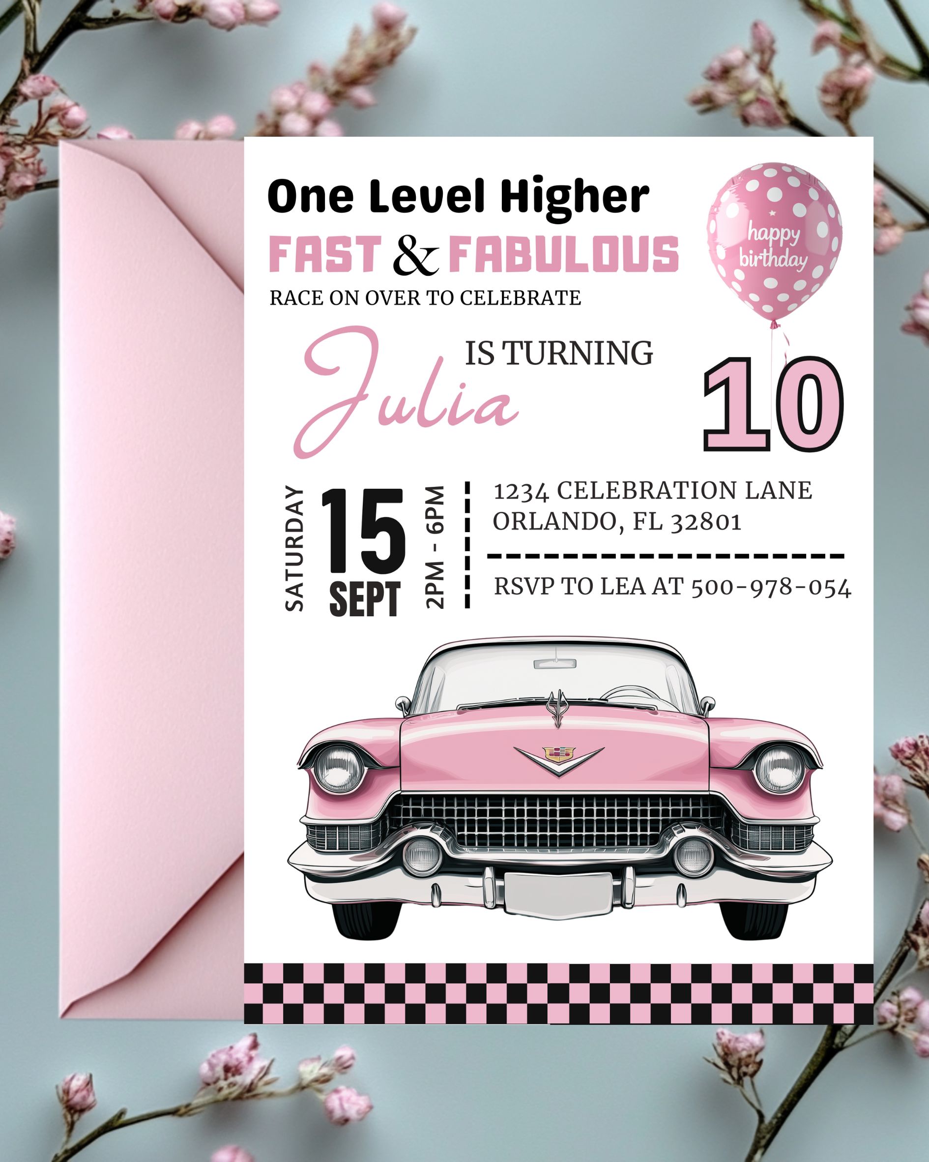 invitations d'anniversaire de voiture digital- faire part numérique anniversaire- faire part anniversaire fille 10ans- invitation voiture