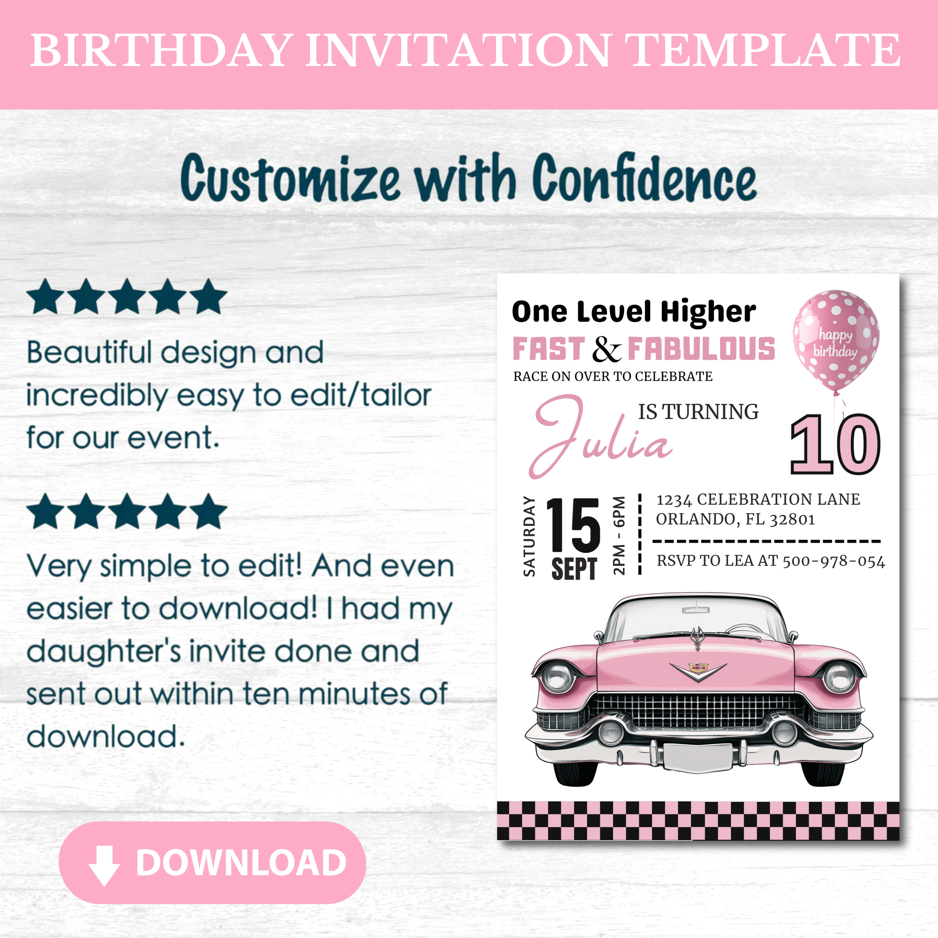 invitations d'anniversaire de voiture digital- faire part numérique anniversaire- faire part anniversaire fille 10ans- invitation voiture
