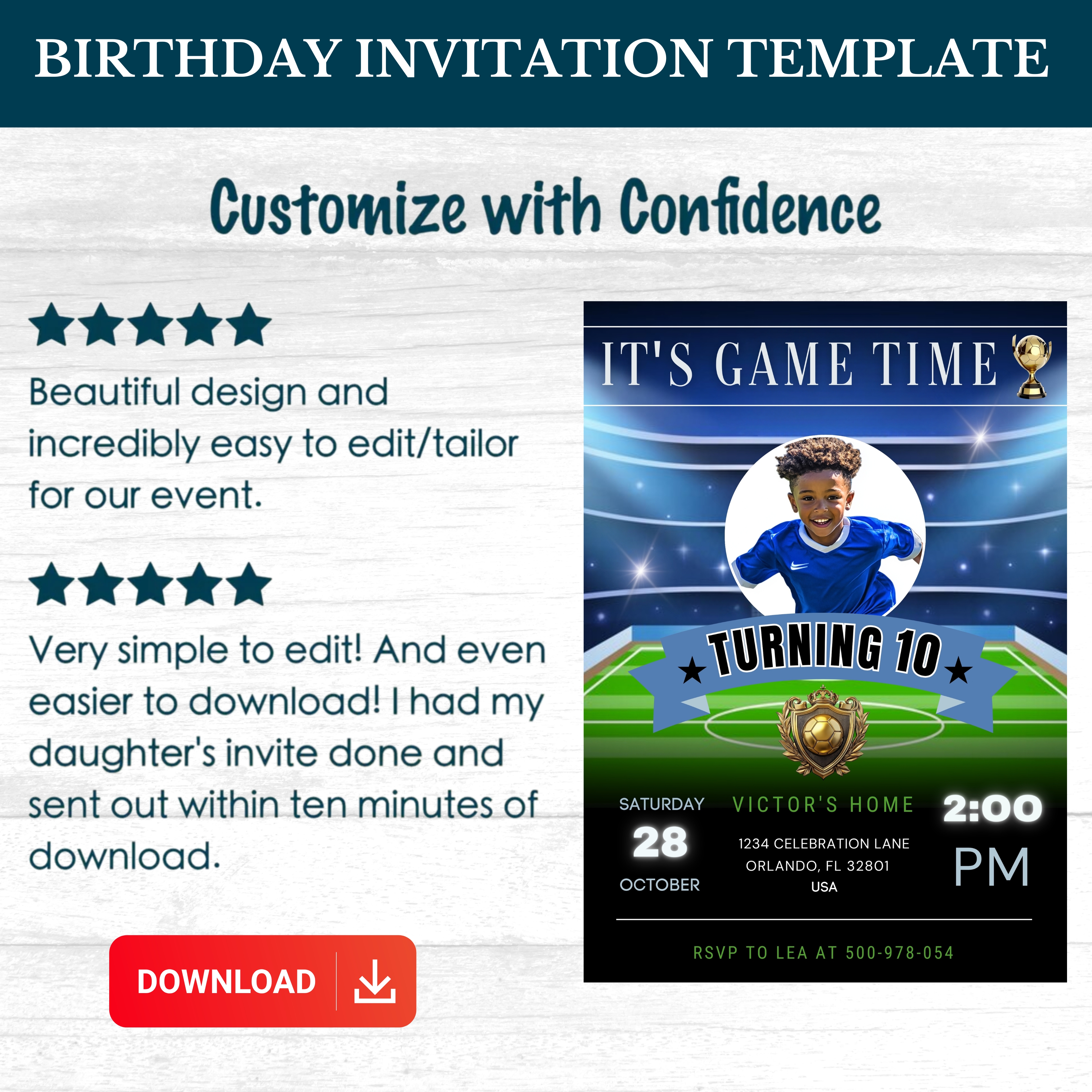 Invitation d'anniversaire football avec photo- Faire-part de football modifiable- carte d'anniversaire imprimable- invitation foot 