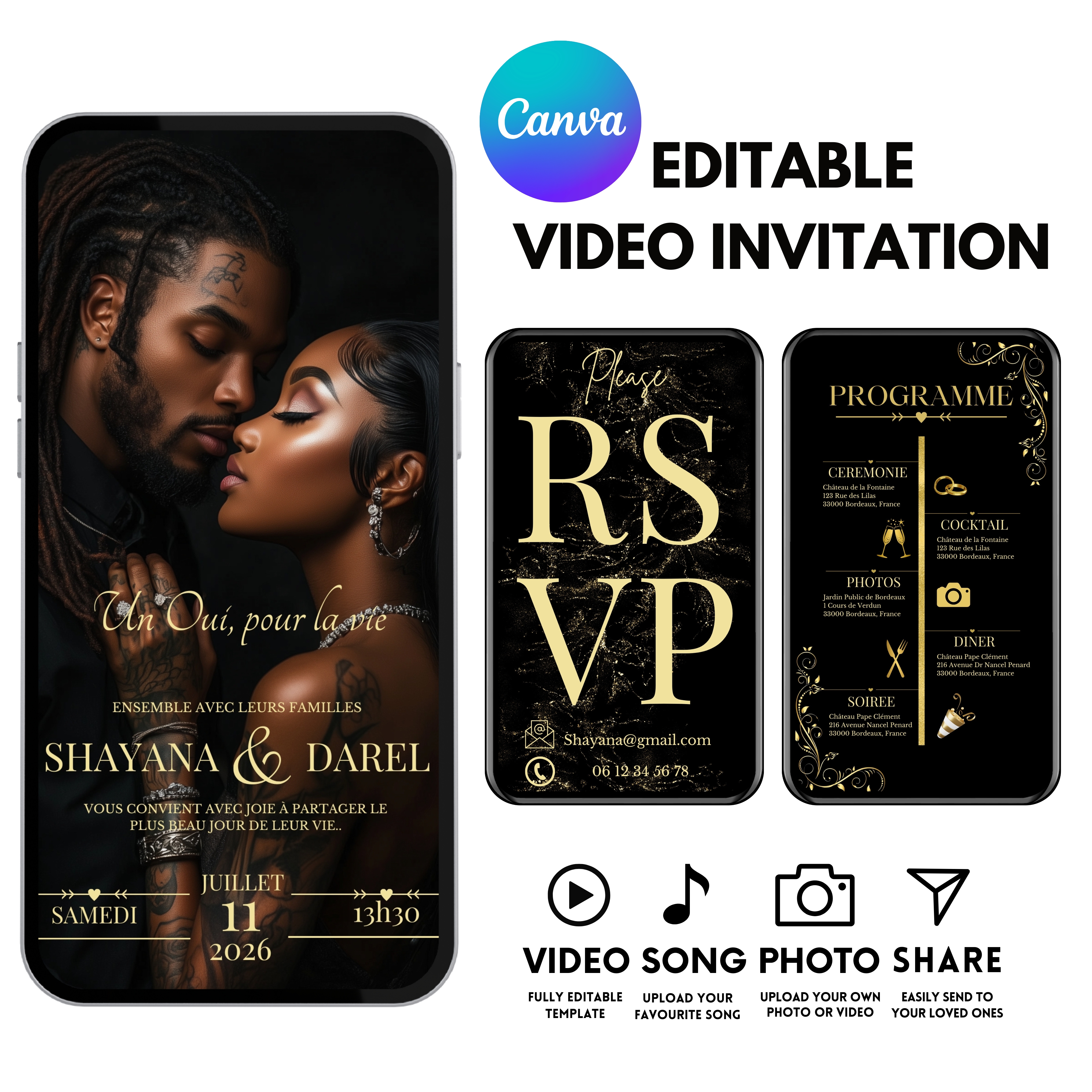 Faire-part de mariage numérique Black and Gold, Invitation de mariage électronique vidéo, Template 100% personnalisable via Canva