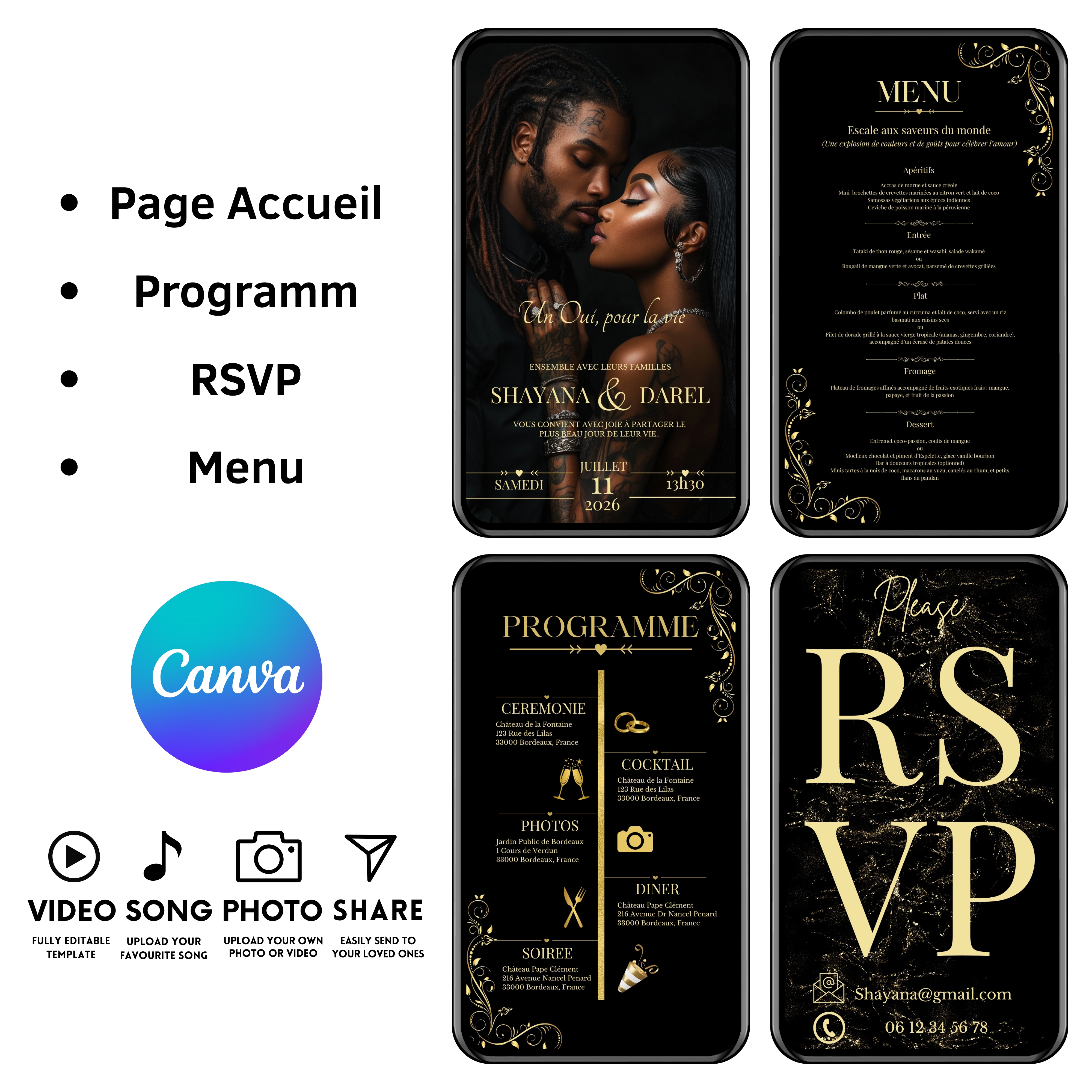 Faire-part de mariage numérique Black and Gold, Invitation de mariage électronique vidéo, Template 100% personnalisable via Canva