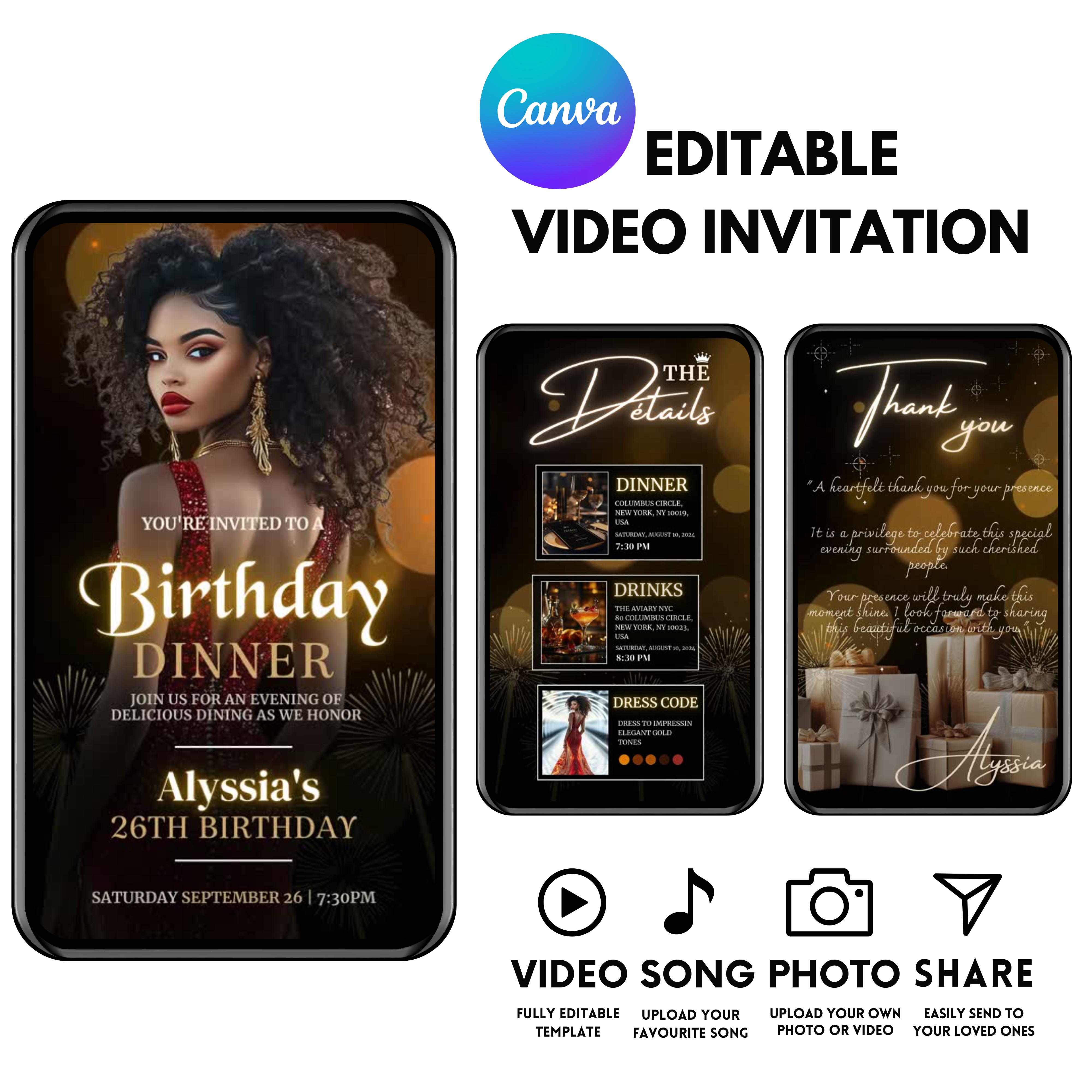 Invitation D'anniversaire numérique ALISSYA, Faire part électronique vidéo, Template 100% personnalisable via Canva